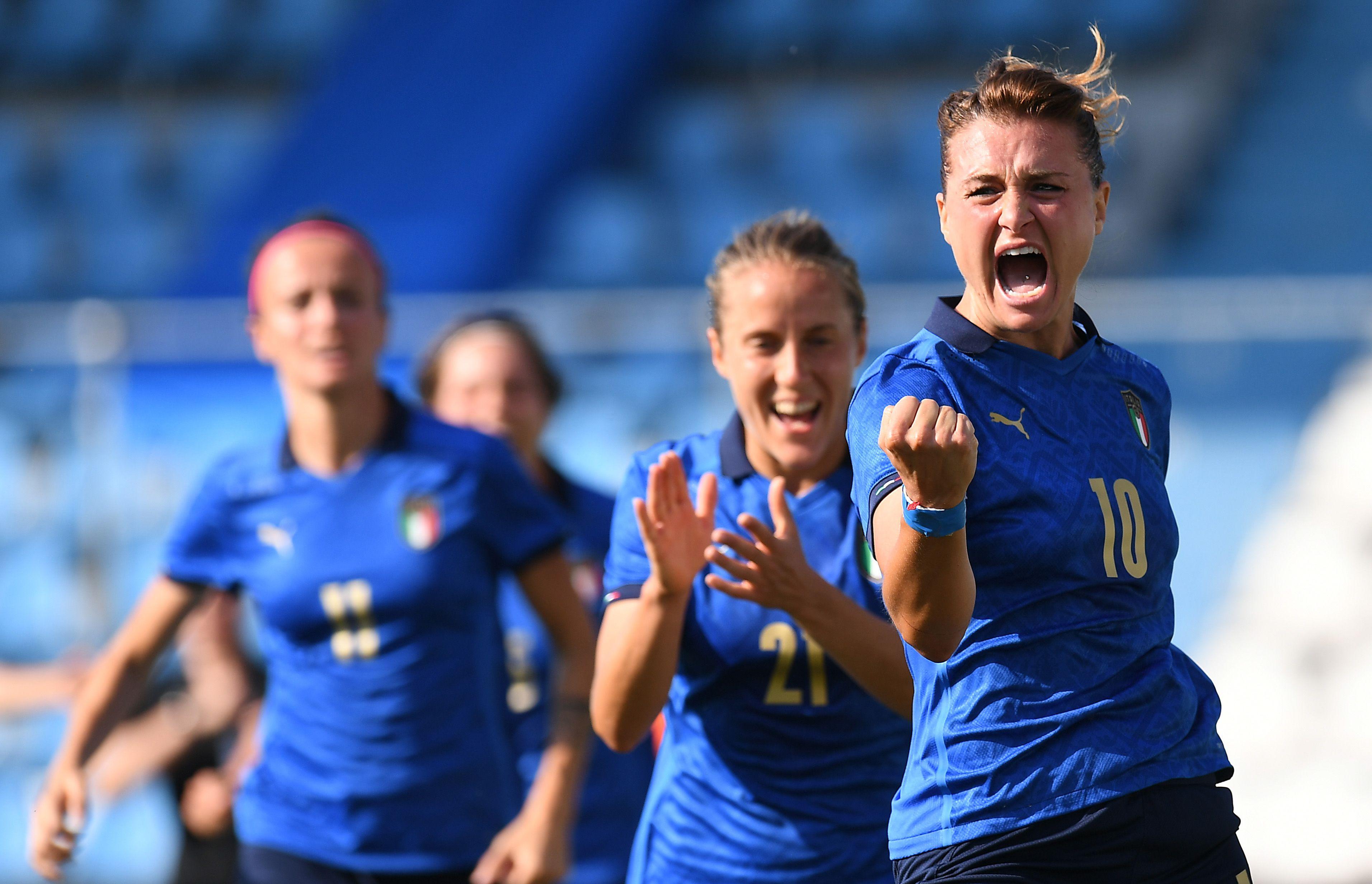 FERRARA, ITALY - JUNE 10:Cristiana Girelli of Italy celebrates after scoring the opening goal during the women international friendly match between Italy and Netherlands at Stadio Paolo Mazza on June 10, 2021 in Ferrara, Italy. (Photo by Alessandro Sabattini/Getty Images)
