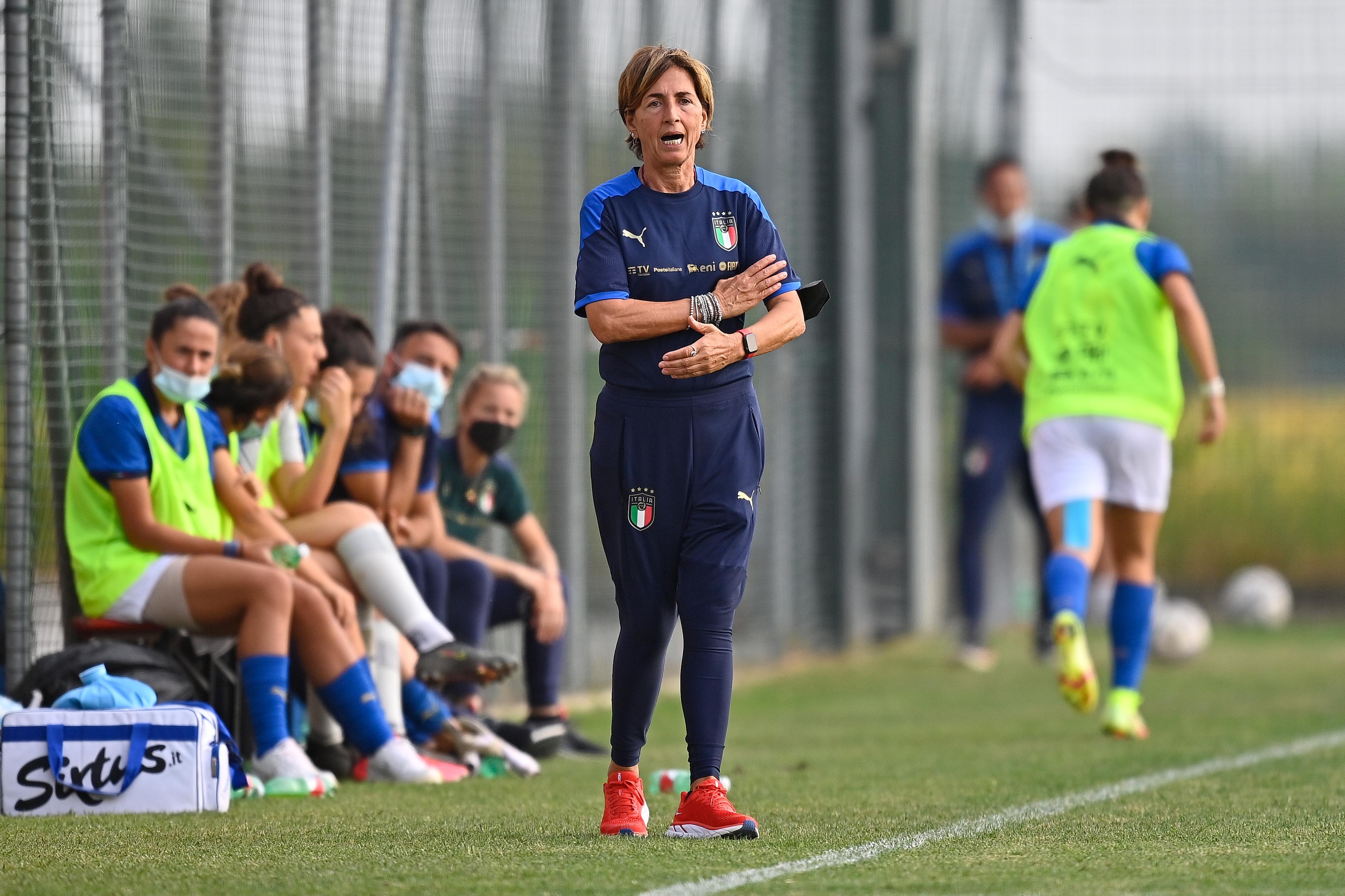 NOVARA, ITALY - SEPTEMBER 08: Coach Grilli Nazzarena of Italy U17 Women looks on during the International Friendly match between Italy U17 Women v Switzerland U17 Women at Novarello Training Center on September 08, 2021 in Novara, Italy. (Photo by Mattia Ozbot/Getty Images)