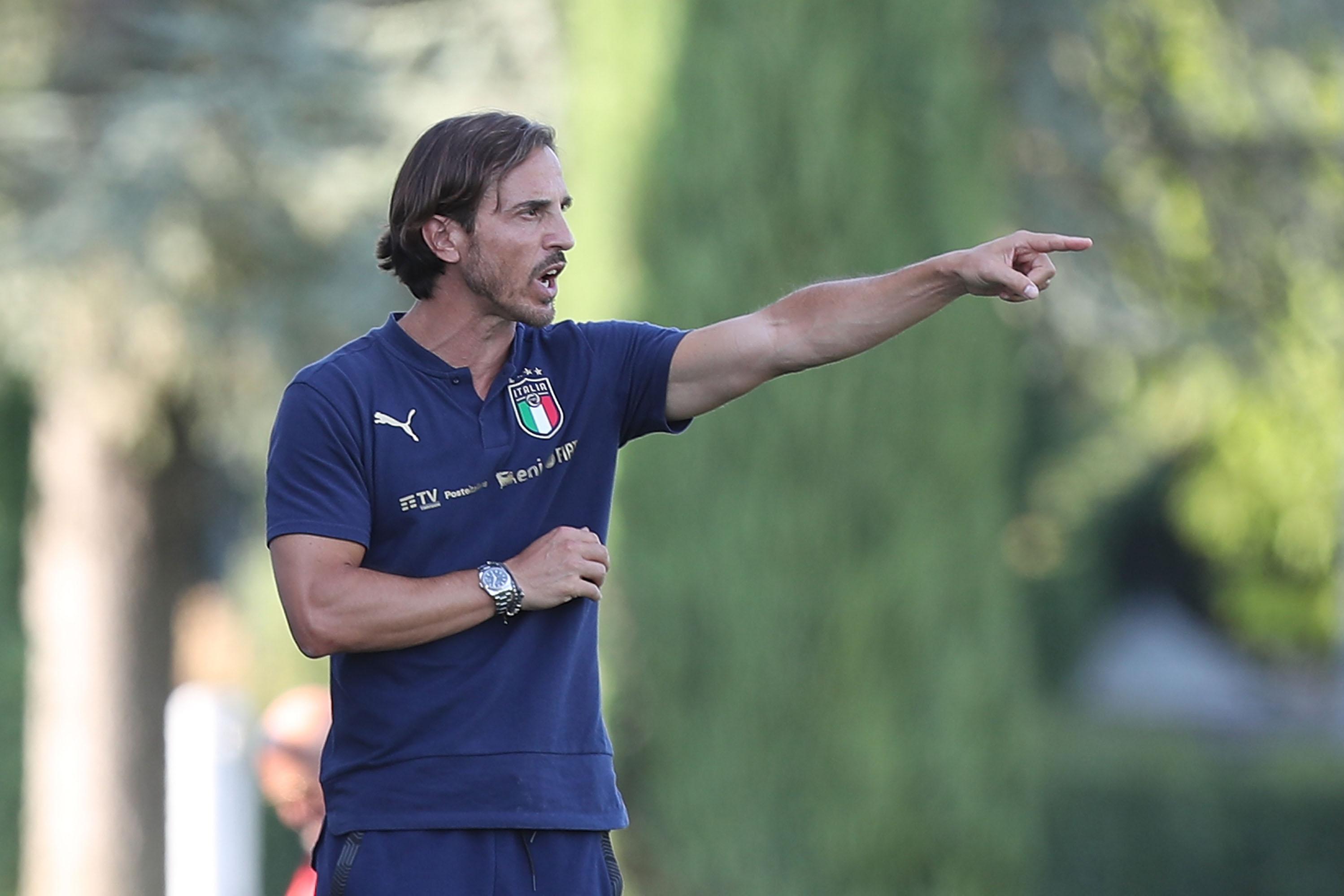 FLORENCE, ITALY - AUGUST 12: Davide Franceschini, manager of Italy U18 during the match between Italy U18 and Albania U18 at Centro Tecnico Federale di Coverciano on August 12, 2021 in Florence, Italy.  (Photo by Gabriele Maltinti/Getty Images)