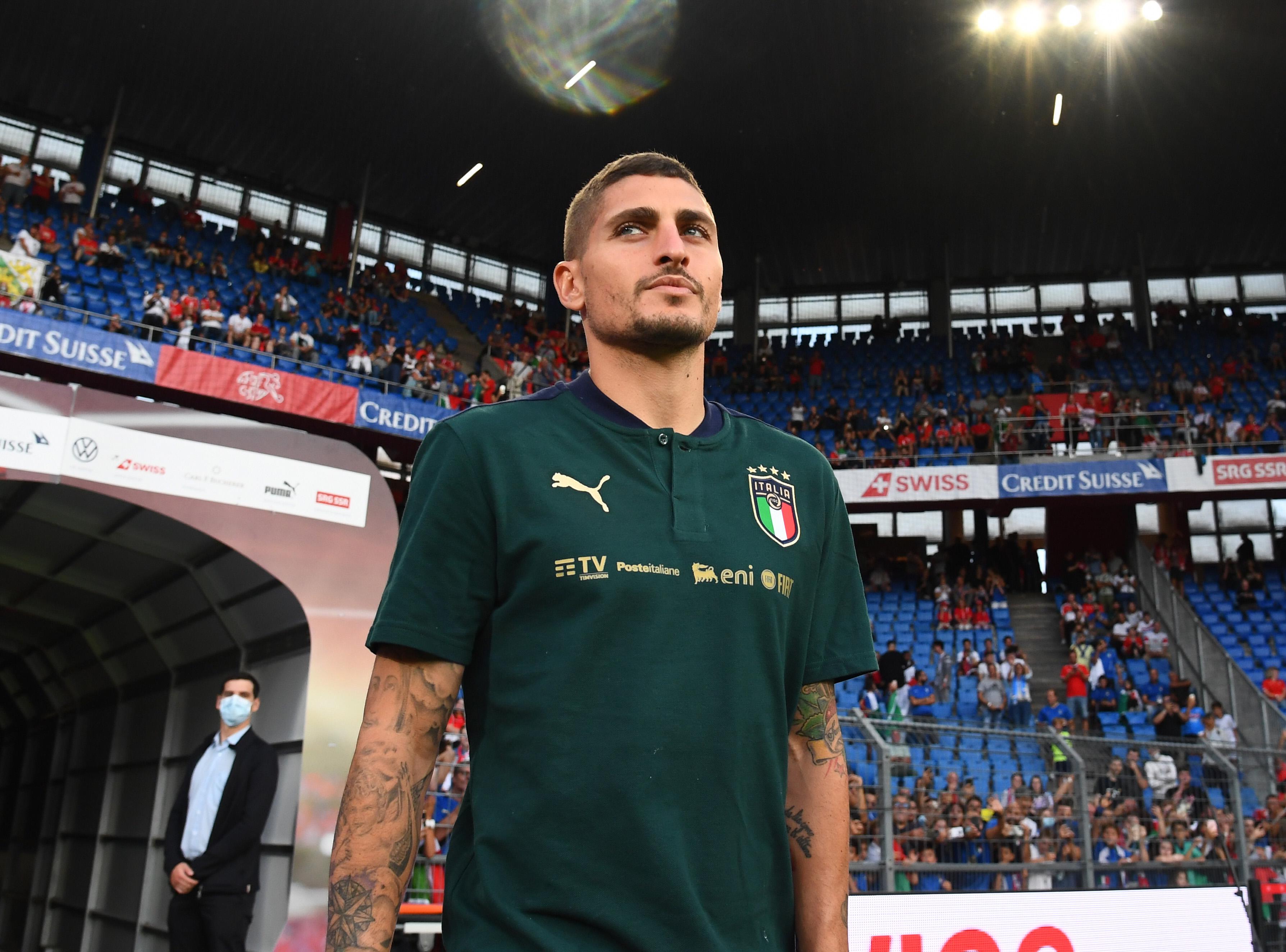 BASEL, SWITZERLAND - SEPTEMBER 05: Marco Verratti of Italy arrives before the 2022 FIFA World Cup Qualifier match between Switzerland and Italy at St Jacob Park on September 05, 2021 in Basel, Basel-Stadt. (Photo by Claudio Villa/Getty Images)