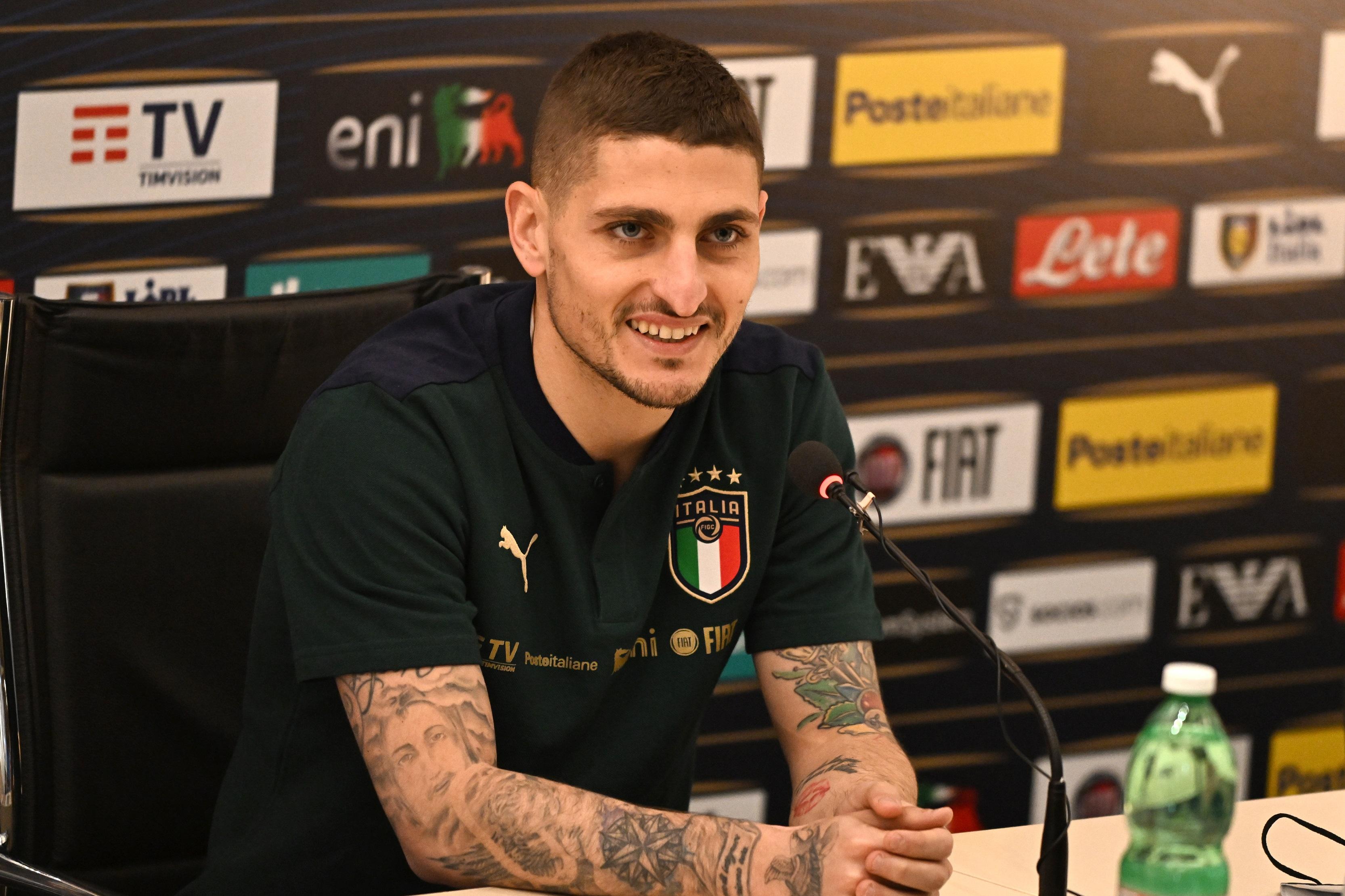 FLORENCE, ITALY - MARCH 22: Marco Verratti of Italy speaks with the media during press conference at Centro Tecnico Federale di Coverciano on March 22, 2022 in Florence, Italy. (Photo by Claudio Villa/Getty Images)