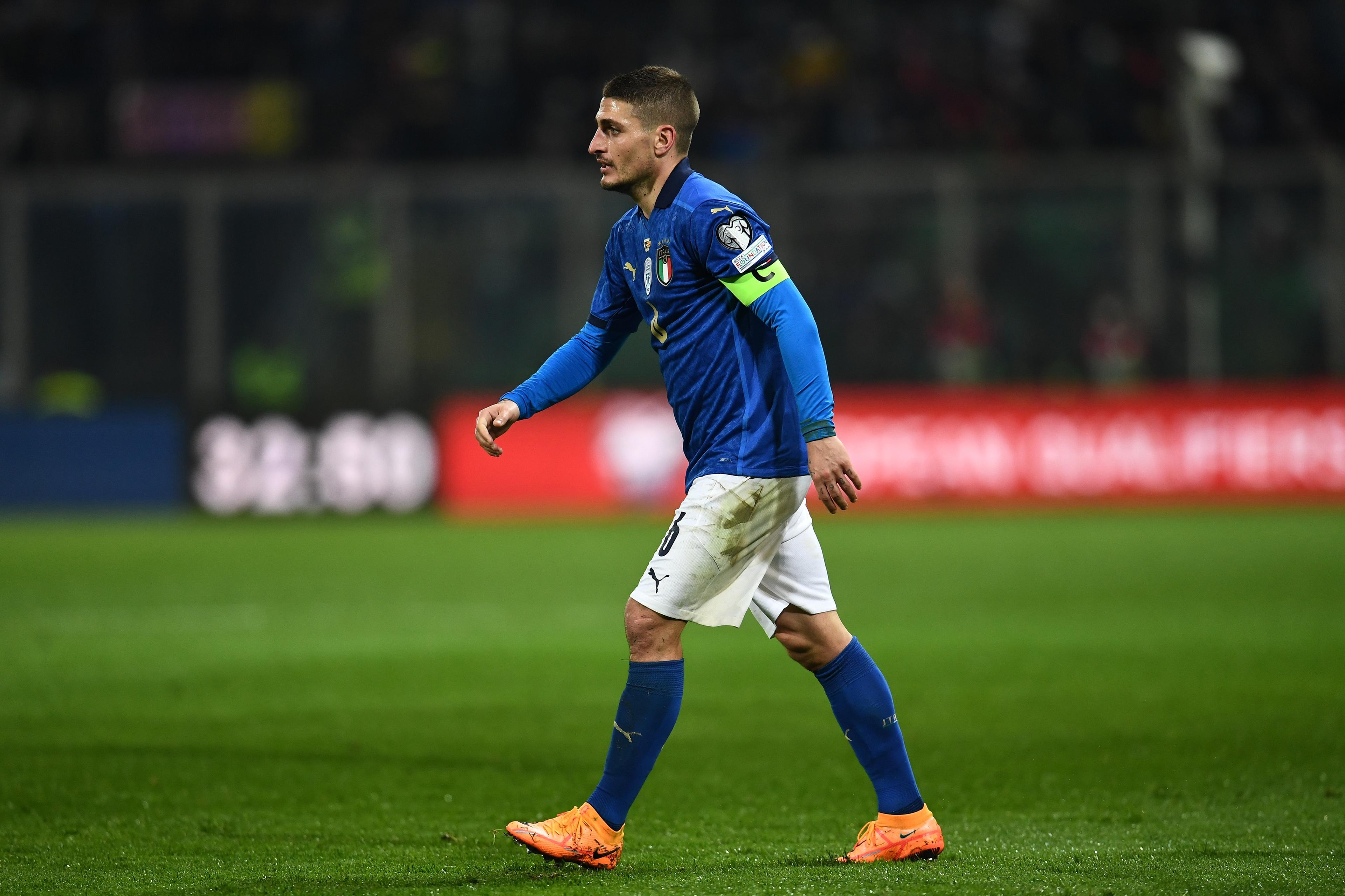 PALERMO, ITALY - MARCH 24: Marco Verratti of Italy in action during the 2022 FIFA World Cup Qualifier knockout round play-off match between Italy and North Macedonia at Stadio Comunale Renzo Barbera on March 24, 2022 in Palermo, Italy . (Photo by Claudio Villa/Getty Images)
