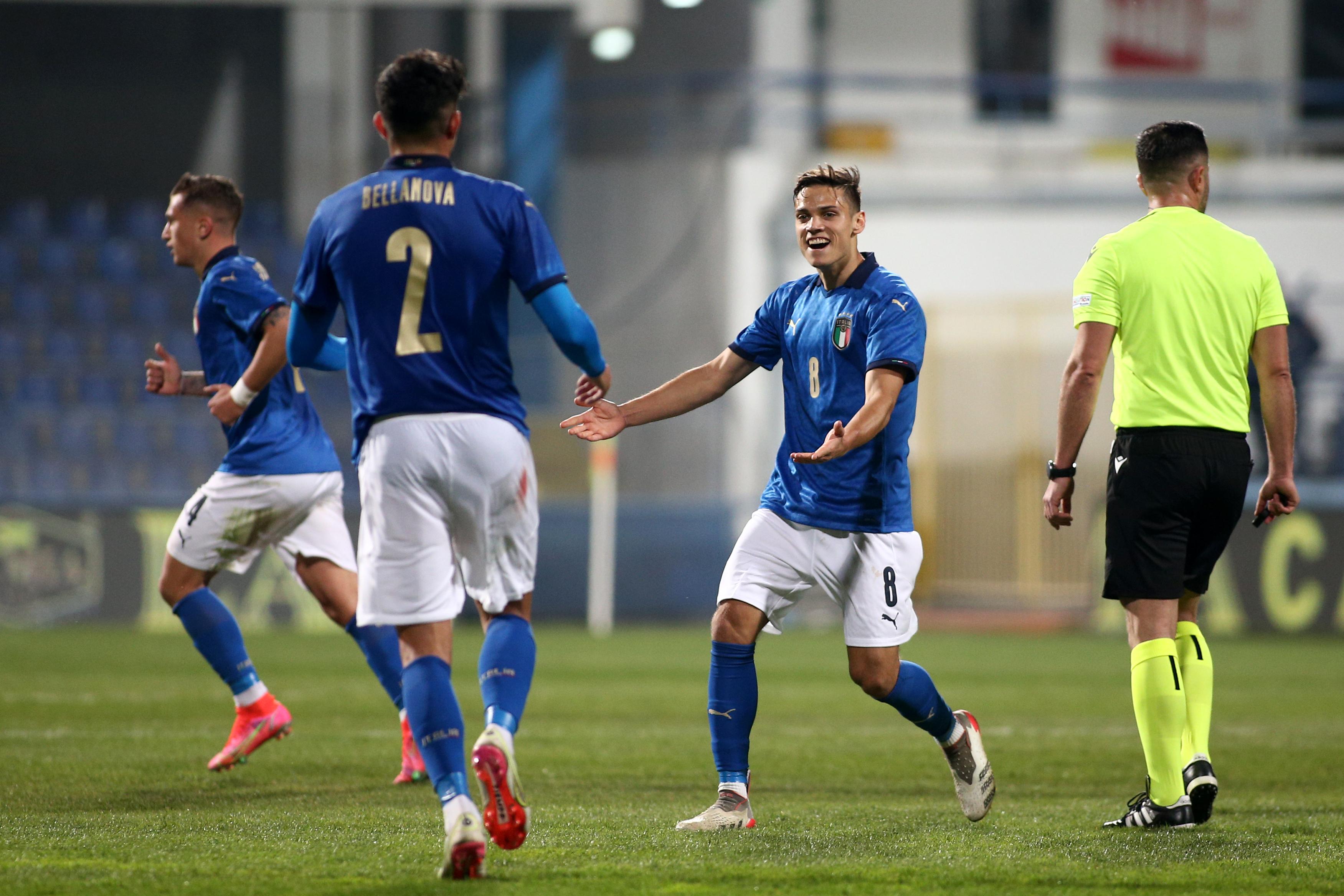 PODGORICA, MONTENEGRO - MARCH 25: Samuele Ricci of Italy celebrating their sides first goal during the UEFA European Under-21 Championship Qualifier match between Montenegro U21 and Italy U21 on March 25, 2022 in Podgorica, Montenegro. (Photo by Filip Filipovic/Getty Images)