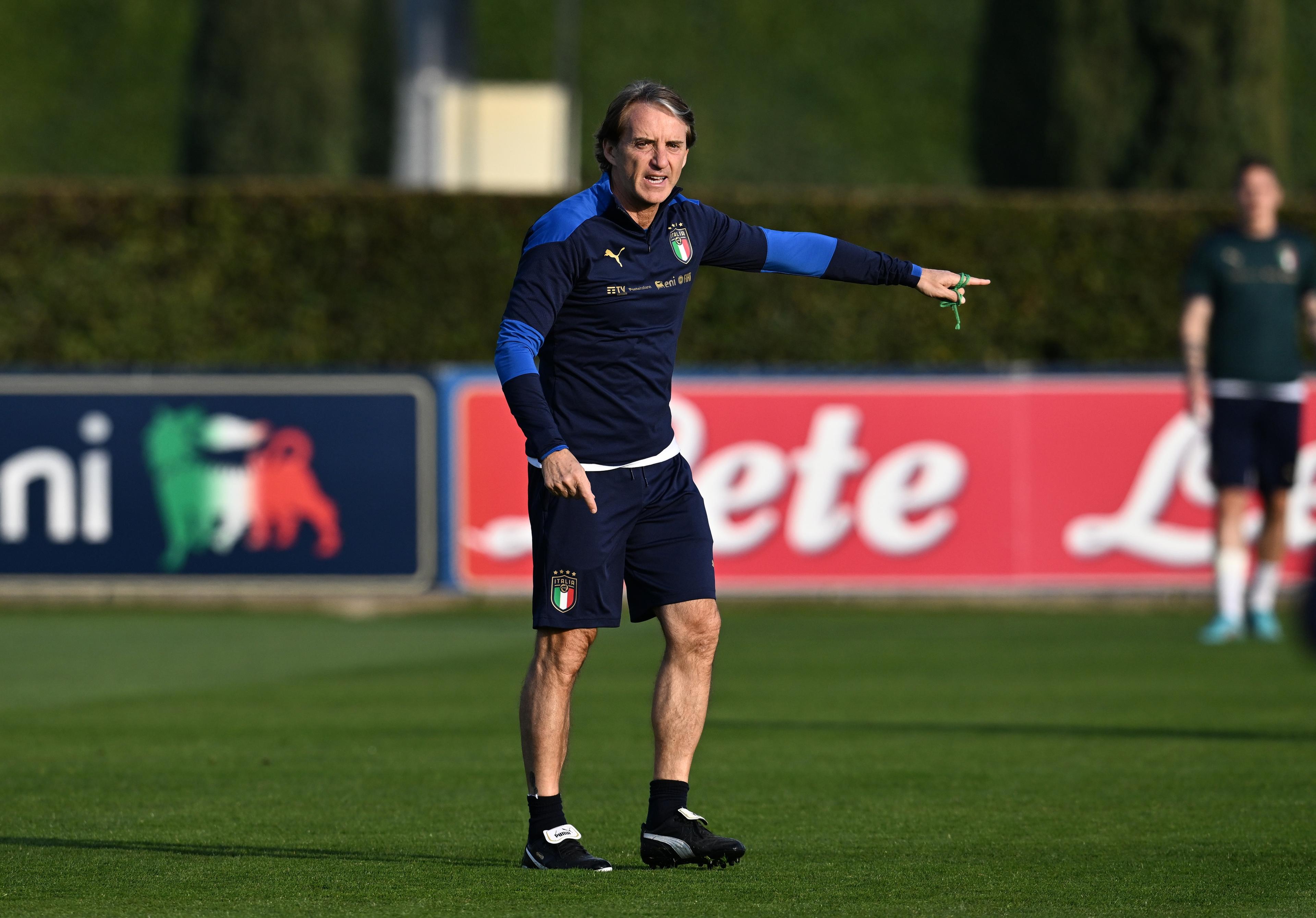 FLORENCE, ITALY - MARCH 25: Head coach Italy Roberto Mancini reacts during a Italy training session at Centro Tecnico Federale di Coverciano on March 25, 2022 in Florence, Italy. (Photo by Claudio Villa/Getty Images)