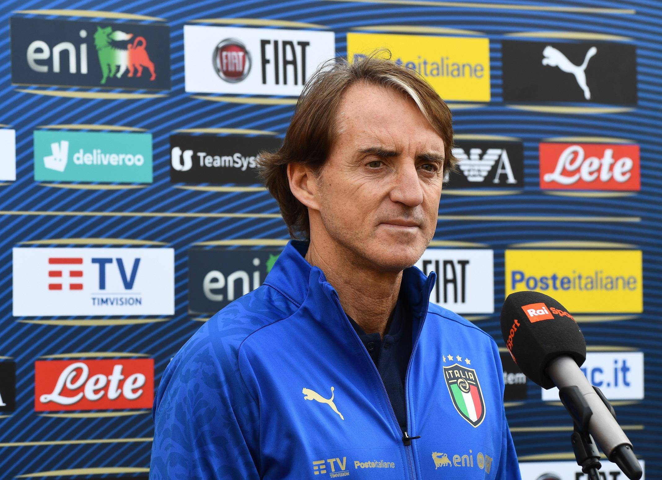 FLORENCE, ITALY - MARCH 28: Head coach Italy Roberto Mancini speaks with the media during press conference at Centro Tecnico Federale di Coverciano on March 28, 2022 in Florence, Italy. (Photo by Claudio Villa/Getty Images)
