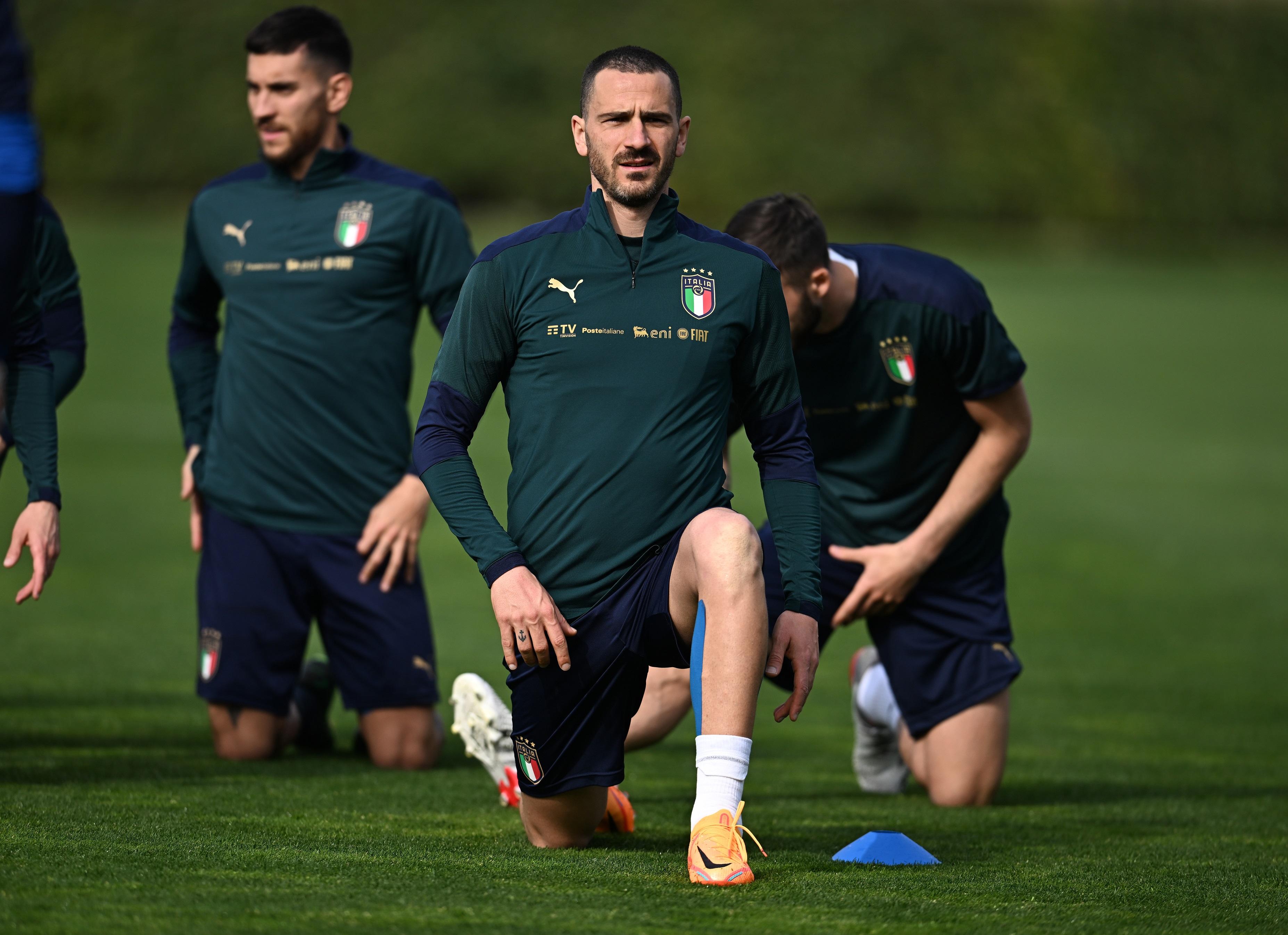 FLORENCE, ITALY - MARCH 27: Leonardo Bonucci of Italy in action during a Italy training session at Centro Tecnico Federale di Coverciano on March 27, 2022 in Florence, Italy. (Photo by Claudio Villa/Getty Images)