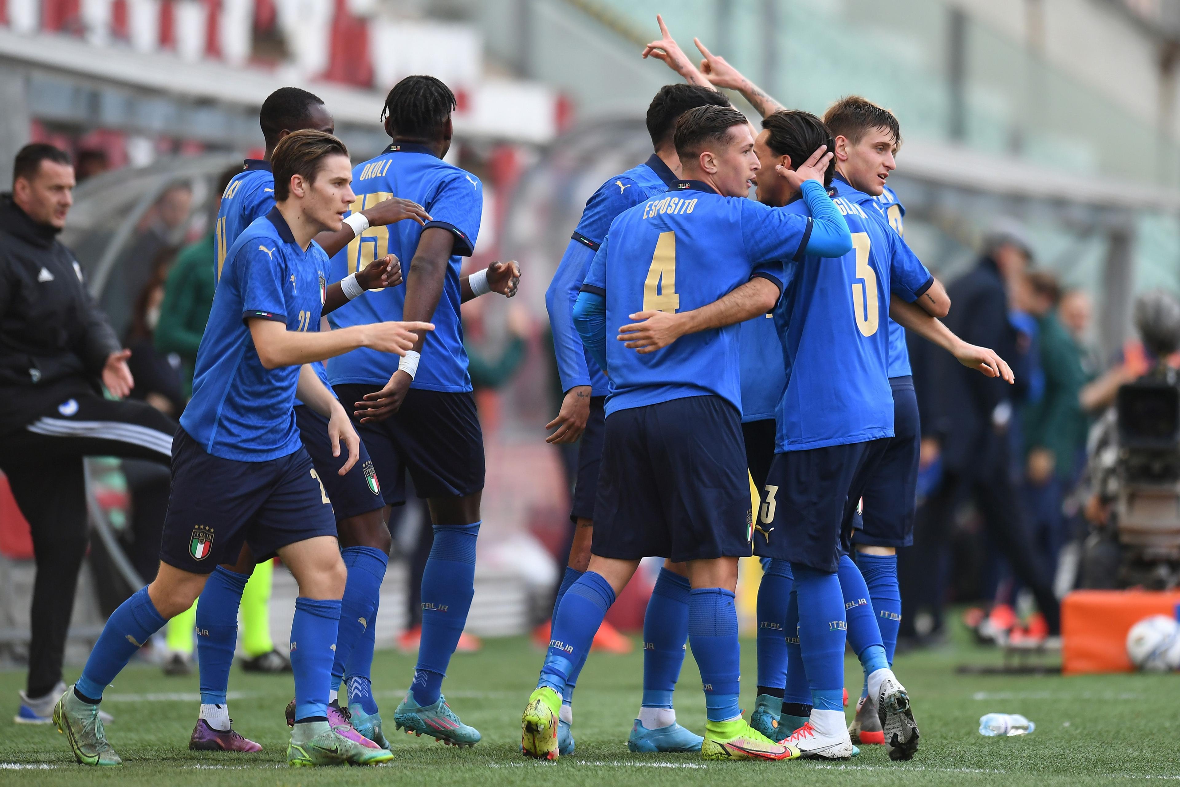 TRIESTE, ITALY - MARCH 29:  Nicol\\u00F2 Rovella of Italy U21 celebrates after scoring the opening goal during the UEFA European Under-21 Championship Qualifier match between Italy U21 and Bosnia and Herzegovina U21 at Stadio Nereo Rocco on March 29, 2022 in Trieste, Italy. (Photo by Alessandro Sabattini/Getty Images)