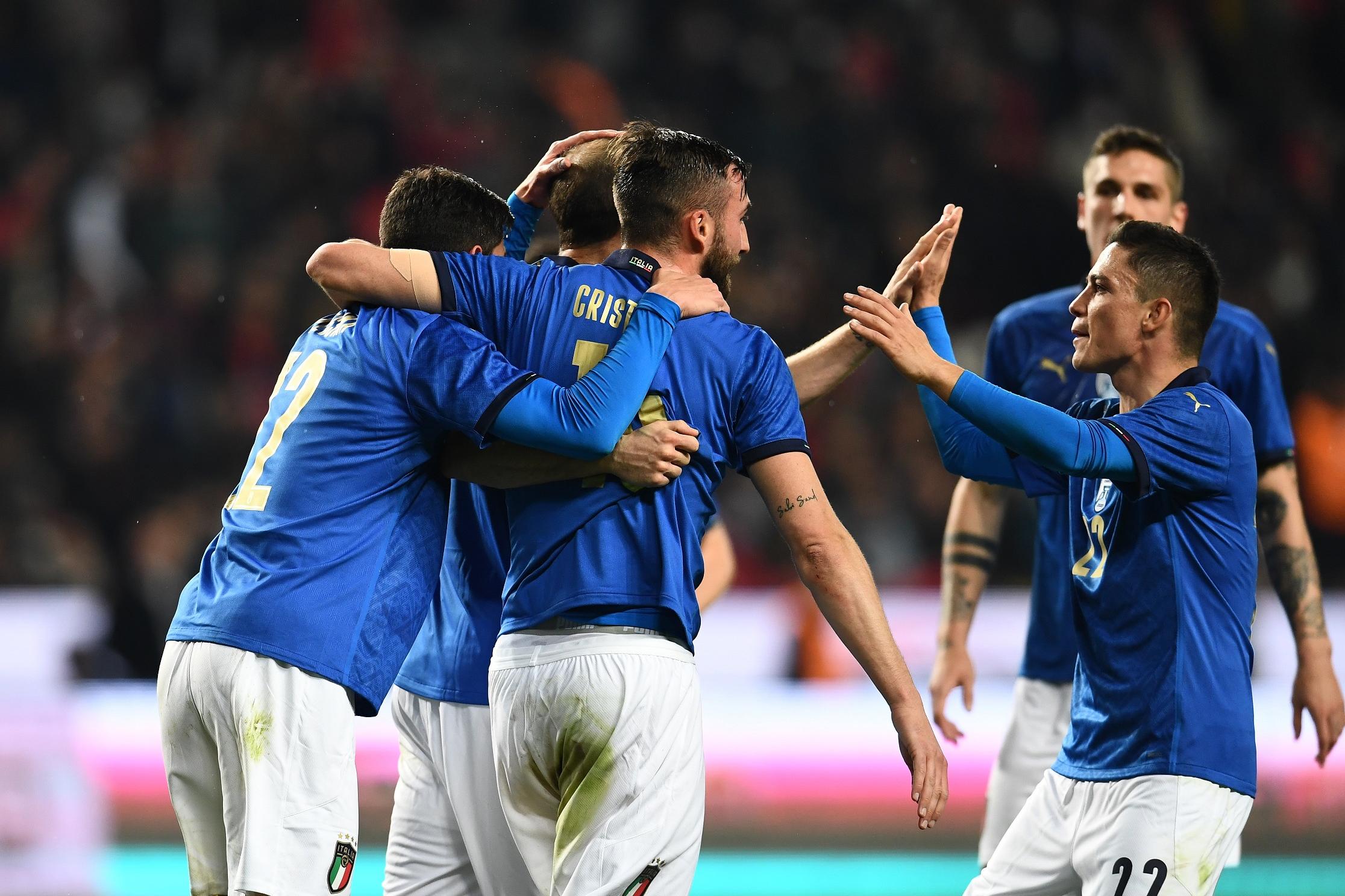 KONYA, TURKEY - MARCH 29: Bryan Cristante of Italy celebrates with team-mates after scoring the goal during the International Friendly match between Turkey and Italy on March 29, 2022 in Konya, Turkey. (Photo by Claudio Villa/Getty Images)