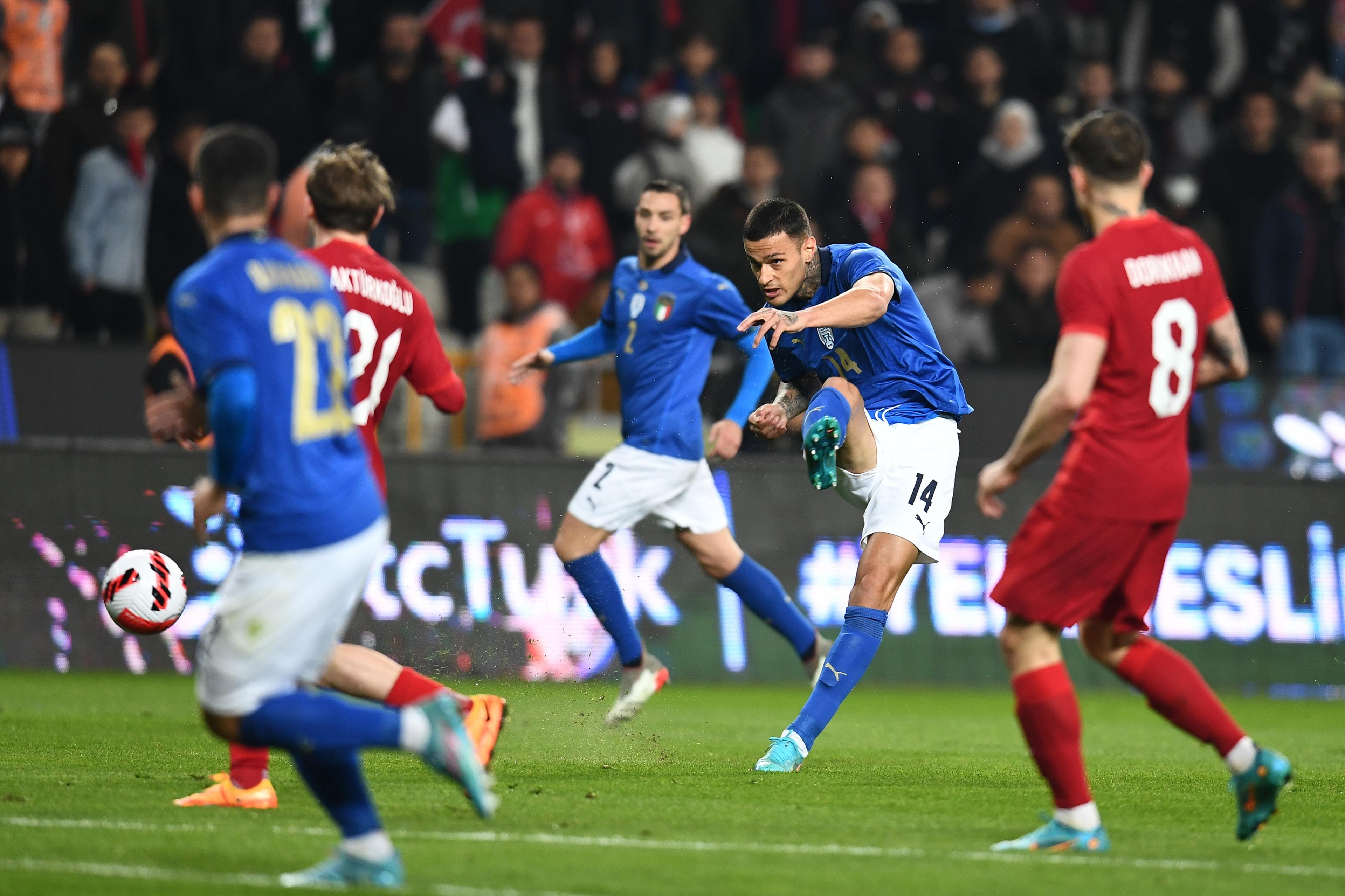 KONYA, TURKEY - MARCH 29: Gianluca Scamacca of Italy in action during the International Friendly match between Turkey and Italy on March 29, 2022 in Konya, Turkey. (Photo by Claudio Villa/Getty Images)