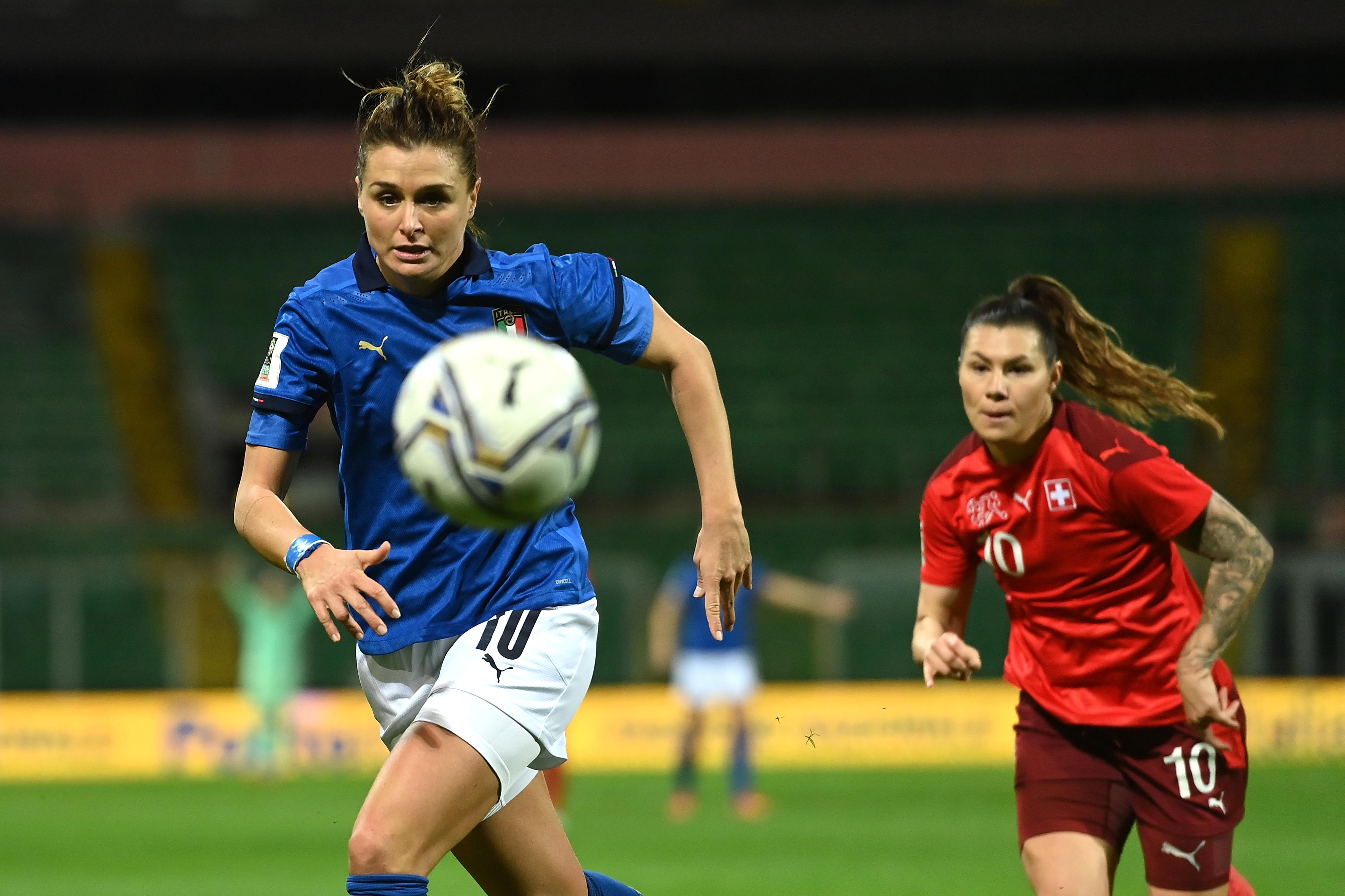 PALERMO, ITALY - NOVEMBER 26: Cristiana Girelli of Italy in action during the FIFA Women's World Cup 2023 Qualifier group G match between Italy and Switzerland at Renzo Barbera Stadium on November 26, 2021 in Palermo , Italy. (Photo by Tullio M. Puglia/Getty Images)