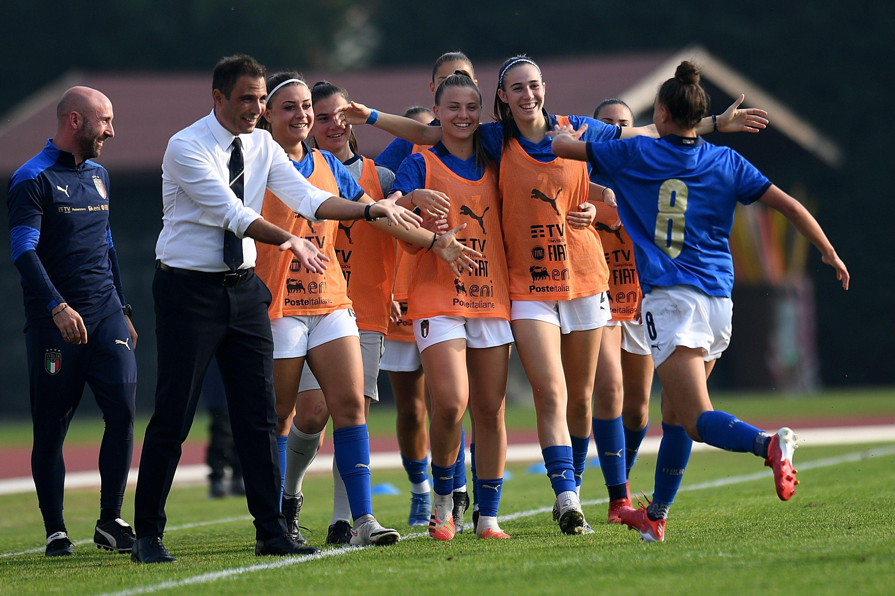 PADOVA, ITALY - OCTOBER 20: Alice Giai of Italy celebrates with teammates after scoring his team second goal during the UEFA European Women\\'s Under-19 Championship Round 1 match between Poland and Italy on October 20, 2021 in Abano Terme near Padova, Italy. (Photo by Alessandro Sabattini/Getty Images)