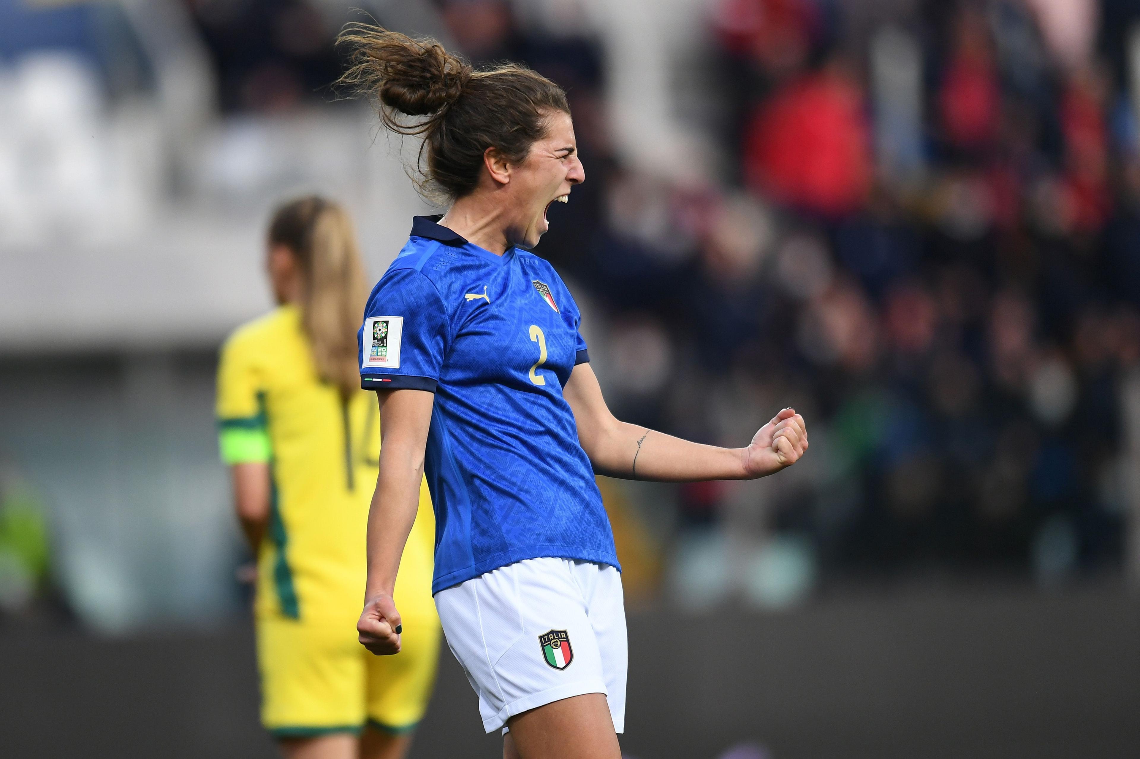 PARMA, ITALY - APRIL 08: Valentina Bergamaschi of Italy Women celebrates after scoring her team second goal during the FIFA Women's World Cup 2023 Qualifier group G match between Italy and Lithuania at Stadio Ennio Tardini on April 08, 2022 in Parma, Italy. (Photo by Alessandro Sabattini/Getty Images)
