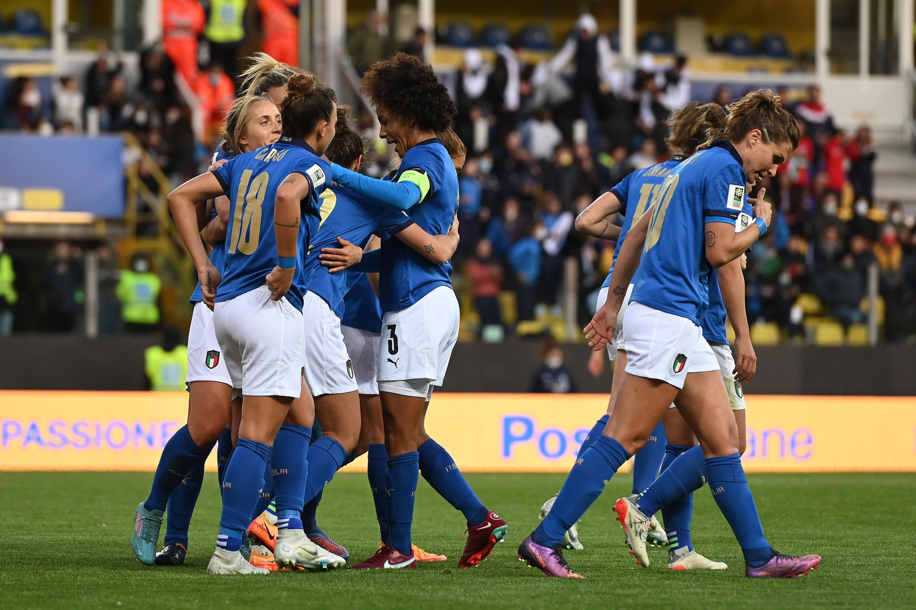 PARMA, ITALY - APRIL 08: Arianna Caruso of Italy Women celebrates after scoring her team third goal during the FIFA Women's World Cup 2023 Qualifier group G match between Italy and Lithuania at Stadio Ennio Tardini on April 08, 2022 in Parma, Italy. (Photo by Alessandro Sabattini/Getty Images)