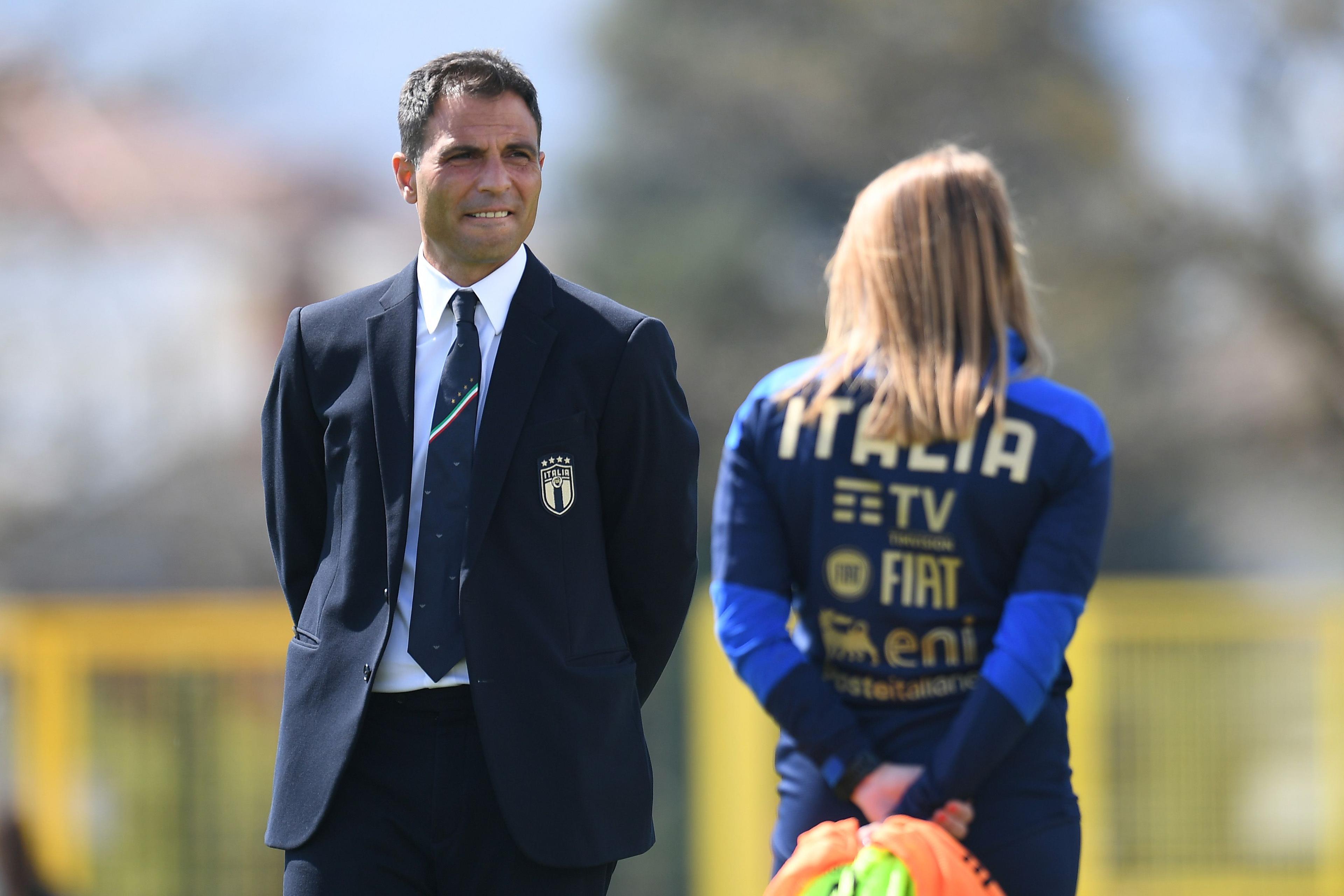 PADOVA, ITALY - APRIL 09: Enrico Sbardella head coach of Italy women U19 looks on during the Elite EURO Women's Under 19 match between Italy and Hungary on April 09, 2022 in Padova, Italy. (Photo by Alessandro Sabattini/Getty Images)