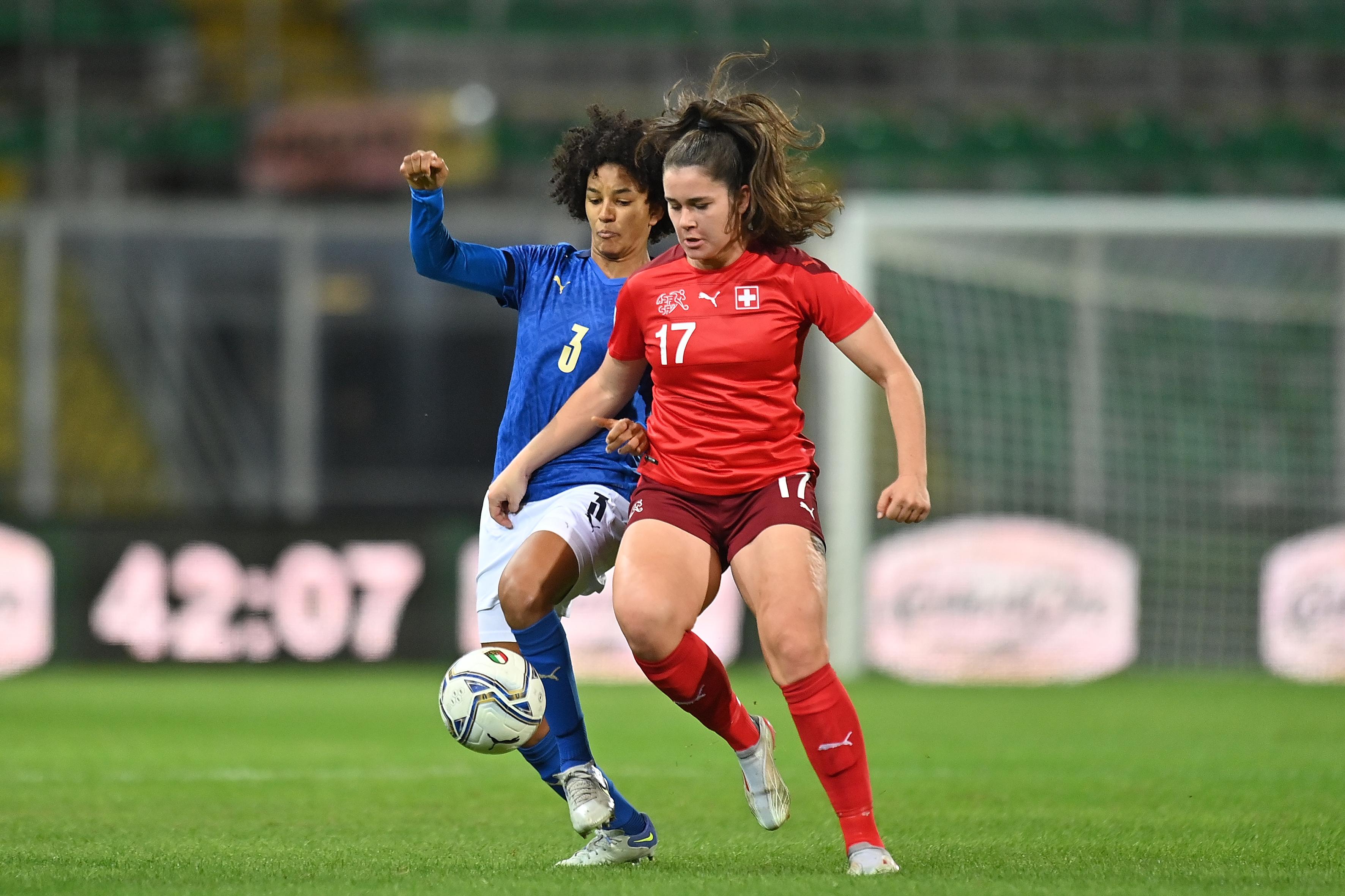 PALERMO, ITALY - NOVEMBER 26: Sara Gama of Italy in action during the FIFA Women's World Cup 2023 Qualifier group G match between Italy and Switzerland at Renzo Barbera Stadium on November 26, 2021 in Palermo , Italy. (Photo by Tullio M. Puglia/Getty Images)
