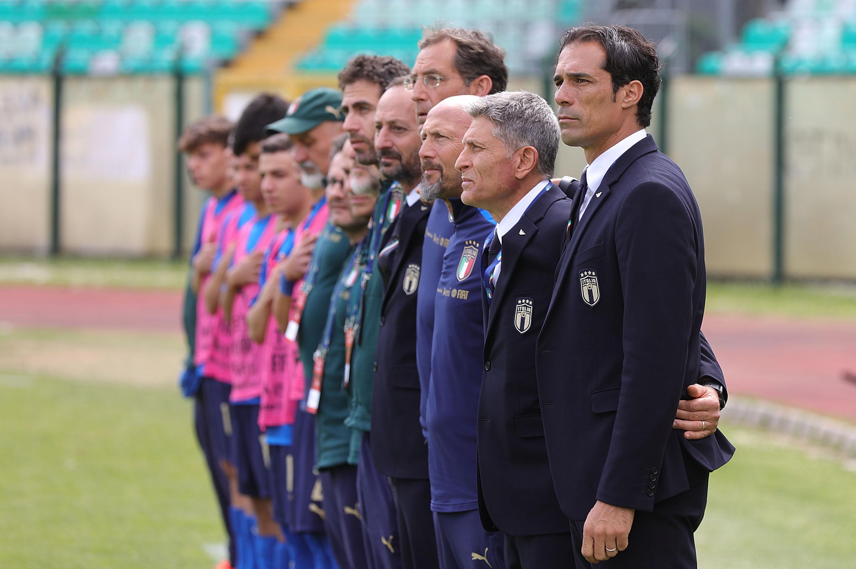 during the U17 Elite Round match between Italy and Ukraine at Artemio Franchi - Montepaschi Arena Stadium on April 26, 2022 in Siena, Italy.