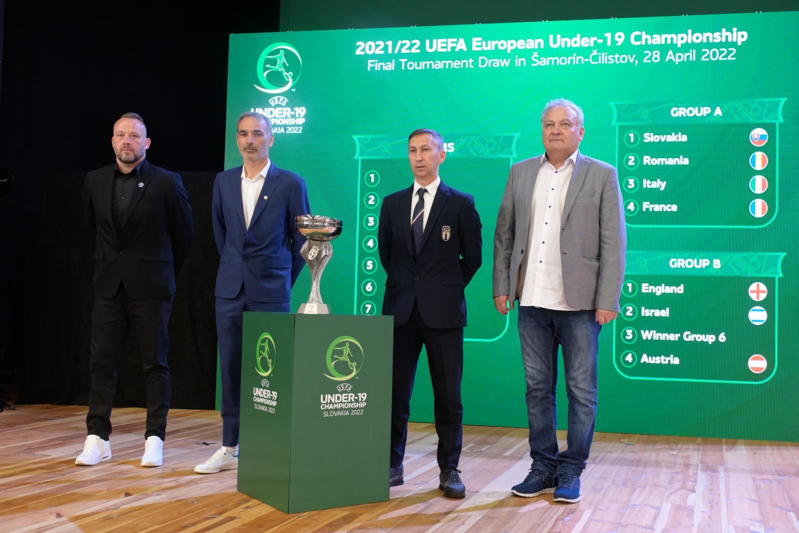 Albert Rusnak,Franck Boschetti, Carmine Nunziata, Adrian Vasii during the UEFA European Under-19 Championship 2021/22 Final Tournament Draw at X-Bionic Sphere on April 6, 2022, in \\u0160amor\\u00EDn-?ilistov, Slovakia.