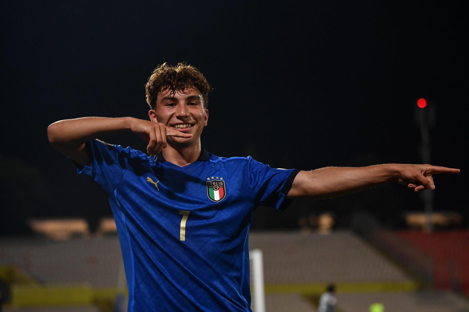 RAMAT GAN, ISRAEL - May 22: Luca Di Maggio of Italy celebrates after scoring his side's first goal during the UEFA European Under-17 Championship Finals Group A match between Luxembourg and Italy at the Ramat Gan Municipal Stadium on May 22, 2022 in Ramat Gan, Israel. (Photo by David Fitzgerald - UEFA/UEFA via Sportsfile)