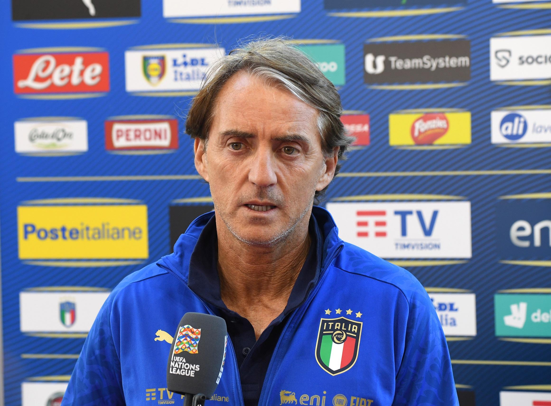 WOLVERHAMPTON, ENGLAND - JUNE 10: Head coach Italy Roberto Mancini speaks with media during press conference at Molineux on June 10, 2022 in Wolverhampton, England. (Photo by Claudio Villa/Getty Images)