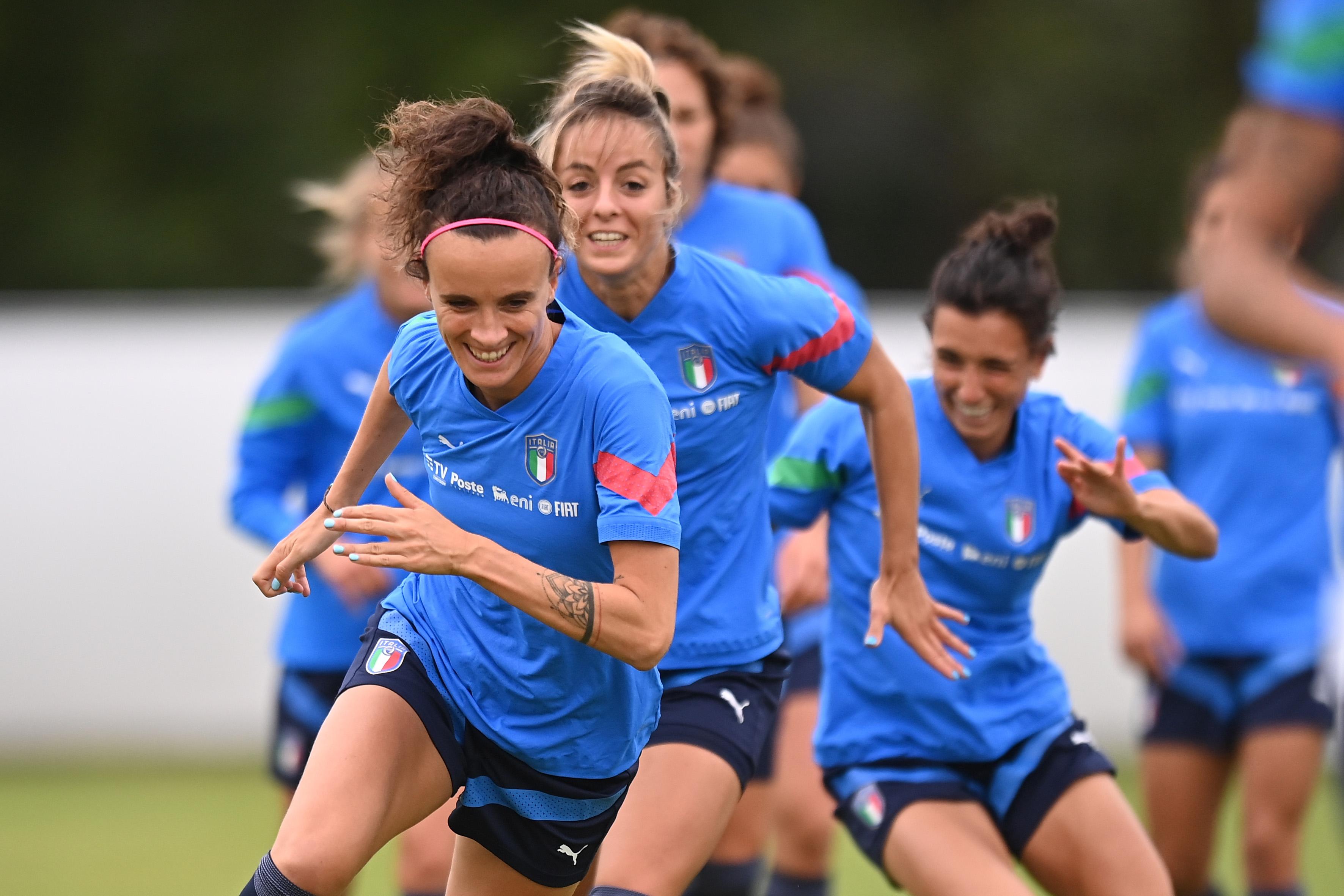 ACCRINGTON, ENGLAND - JULY 06: Barbara Bonansea in action during an Italy Women training session at Accrington Stanley Community Trust Sport Hub on July 06, 2022 in Accrington, England. (Photo by Tullio M. Puglia/Getty Images)