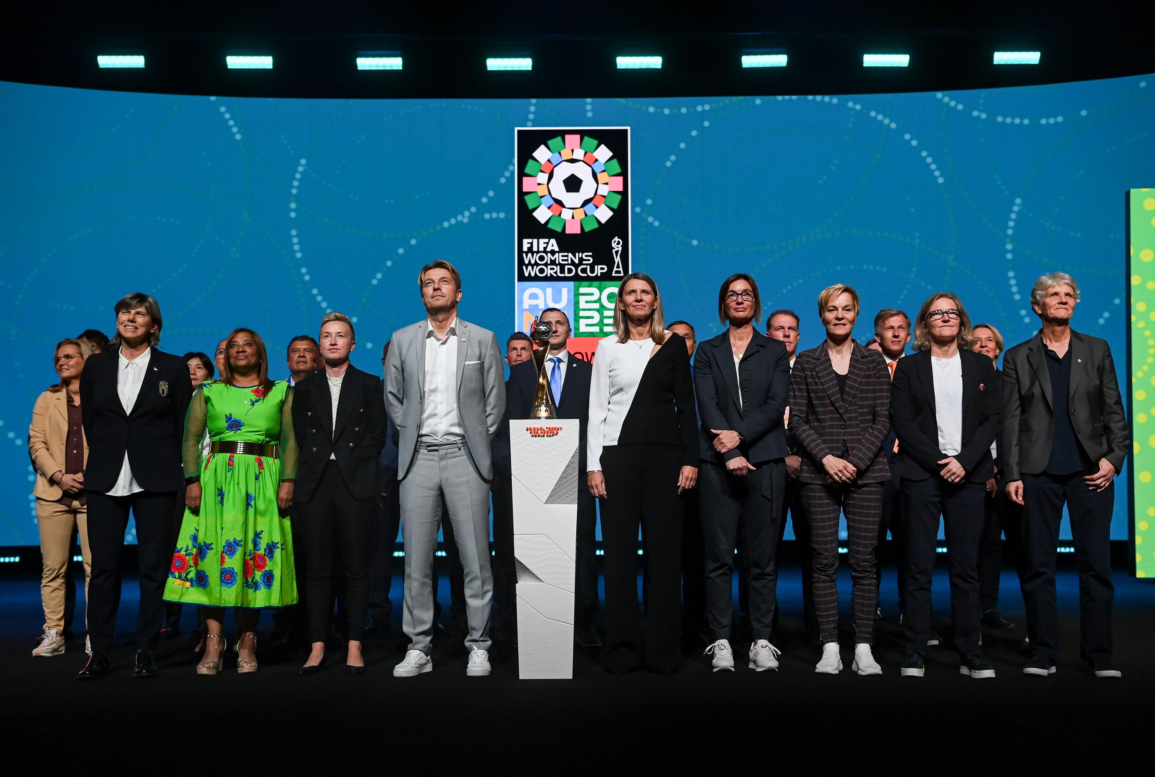 AUCKLAND, NEW ZEALAND - OCTOBER 22: The head coaches pose on stage during the FIFA Women's World Cup 2023 Final Draw at the Aotea Centre on October 22, 2022 in Auckland, New Zealand. (Photo by Stephen McCarthy - FIFA/FIFA via Getty Images)
