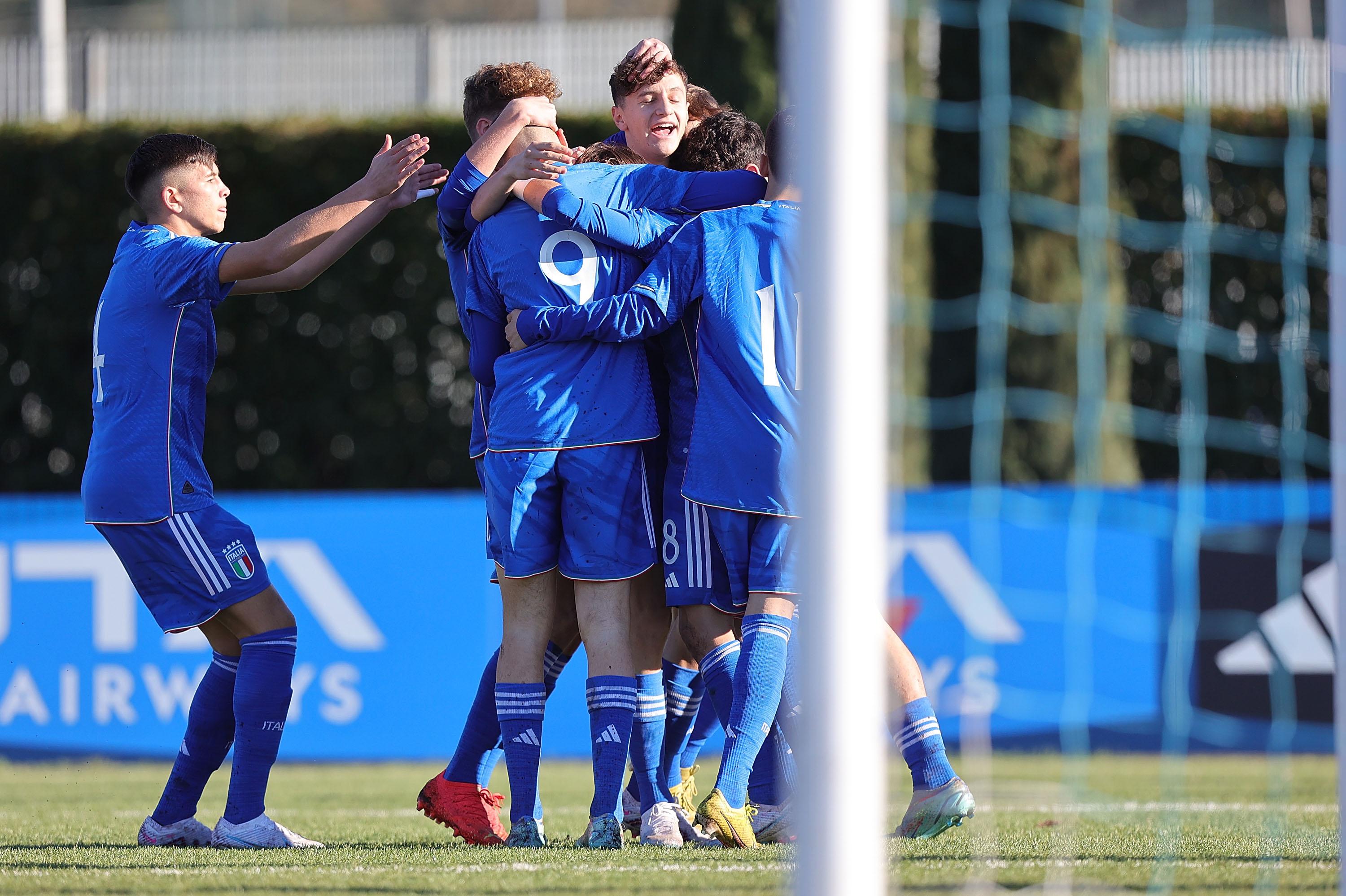 FLORENCE, ITALY - JANUARY 24: Christian Comotto of Italy U15 celebrates after scoring a goal during the International Friendly match between Italy U15 and Albania U15 on January 24, 2023 in Florence, Italy. (Photo by Gabriele Maltinti/Getty Images) *** Local Caption *** Christian Comotto