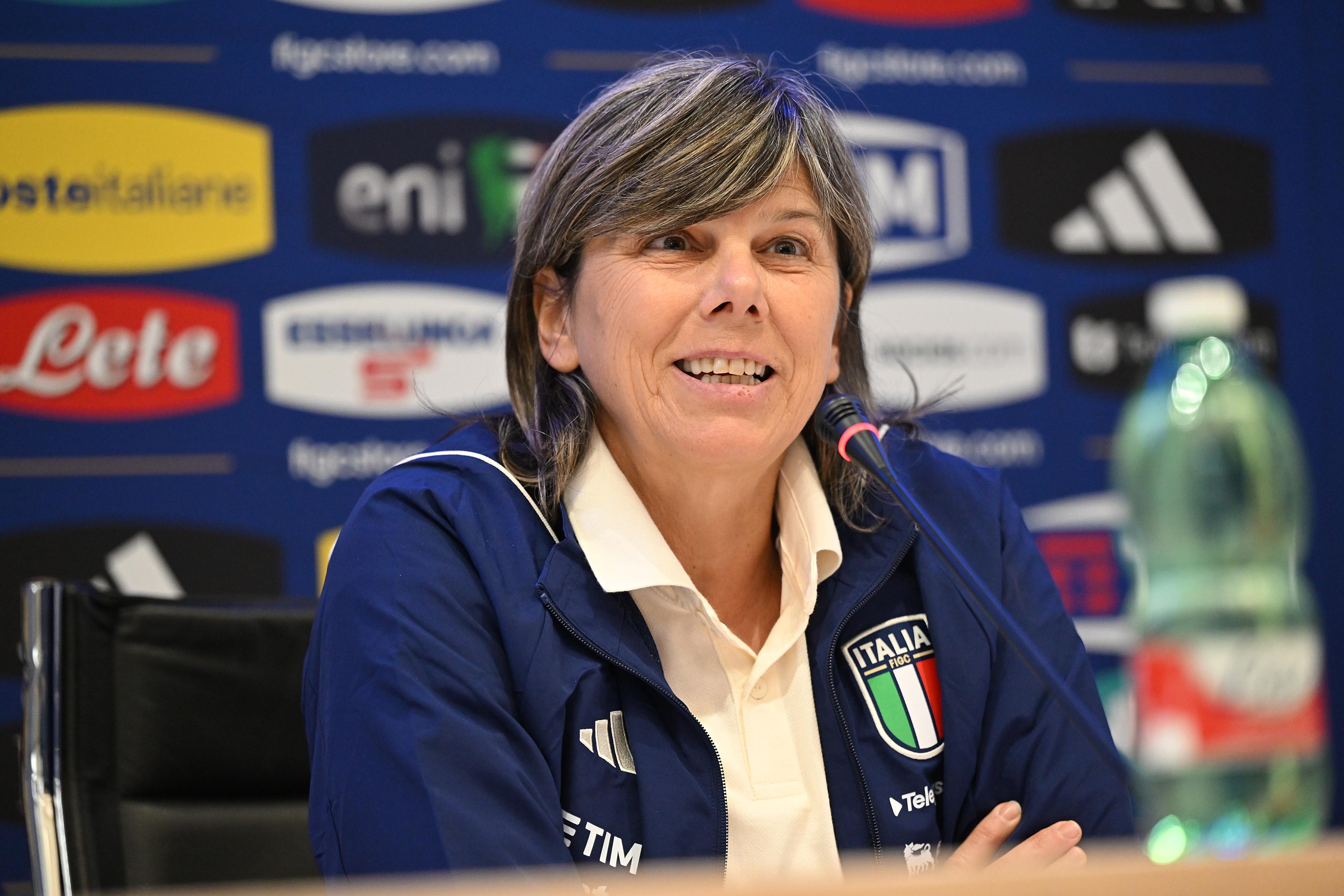 FLORENCE, ITALY - FEBRUARY 13: Milena Bertolini, Head coach of Italy Women, answers questions during a press conferenceat Centro Tecnico Federale di Coverciano on February 13, 2023 in Florence, Italy. (Photo by Tullio M. Puglia/Getty Images)