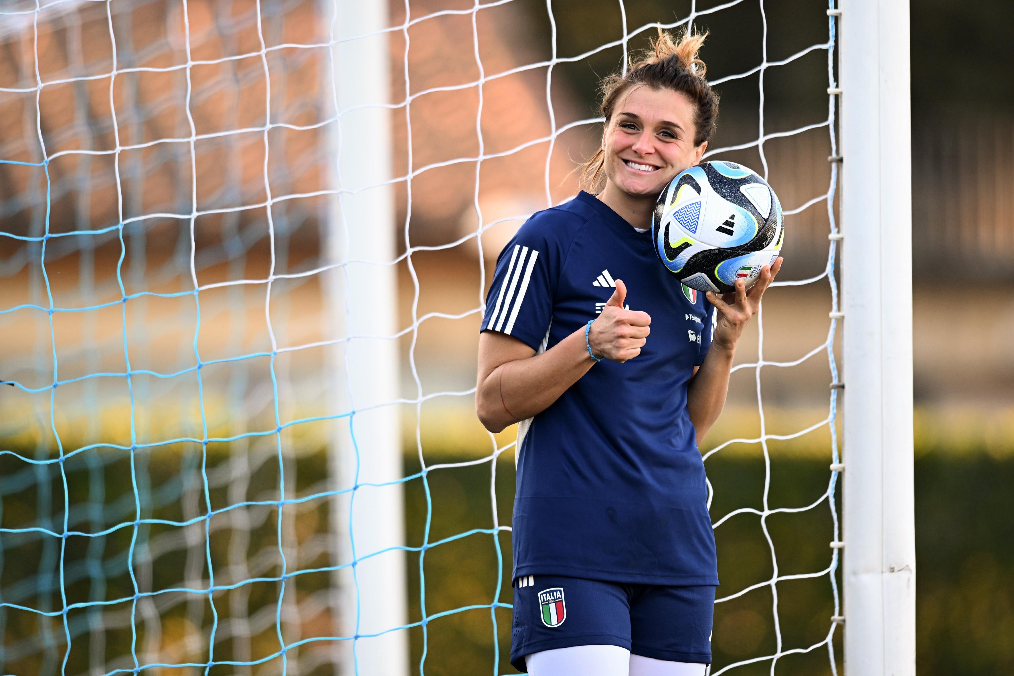 FLORENCE, ITALY - FEBRUARY 13: Cristiana Girelli, of Italy Women, looks on during a training session at Centro Tecnico Federale di Coverciano on February 13, 2023 in Florence, Italy. (Photo by Tullio M. Puglia/Getty Images)