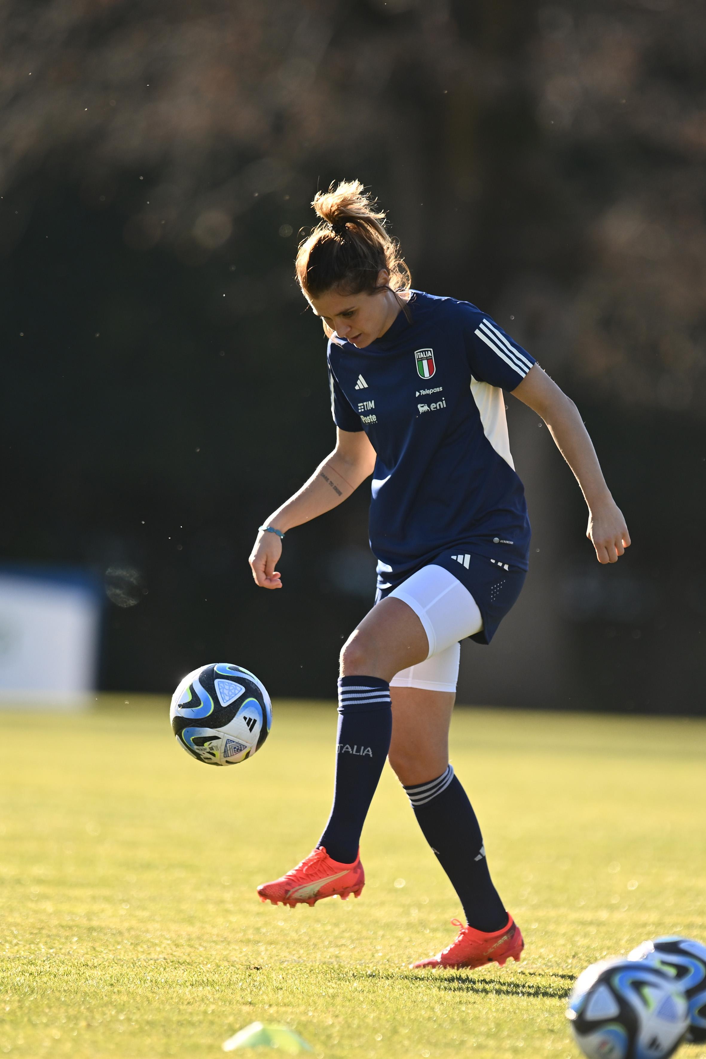 FLORENCE, ITALY - FEBRUARY 13: Cristiana Girelli, of Italy Women, in action during a training session at Centro Tecnico Federale di Coverciano on February 13, 2023 in Florence, Italy. (Photo by Tullio M. Puglia/Getty Images)
