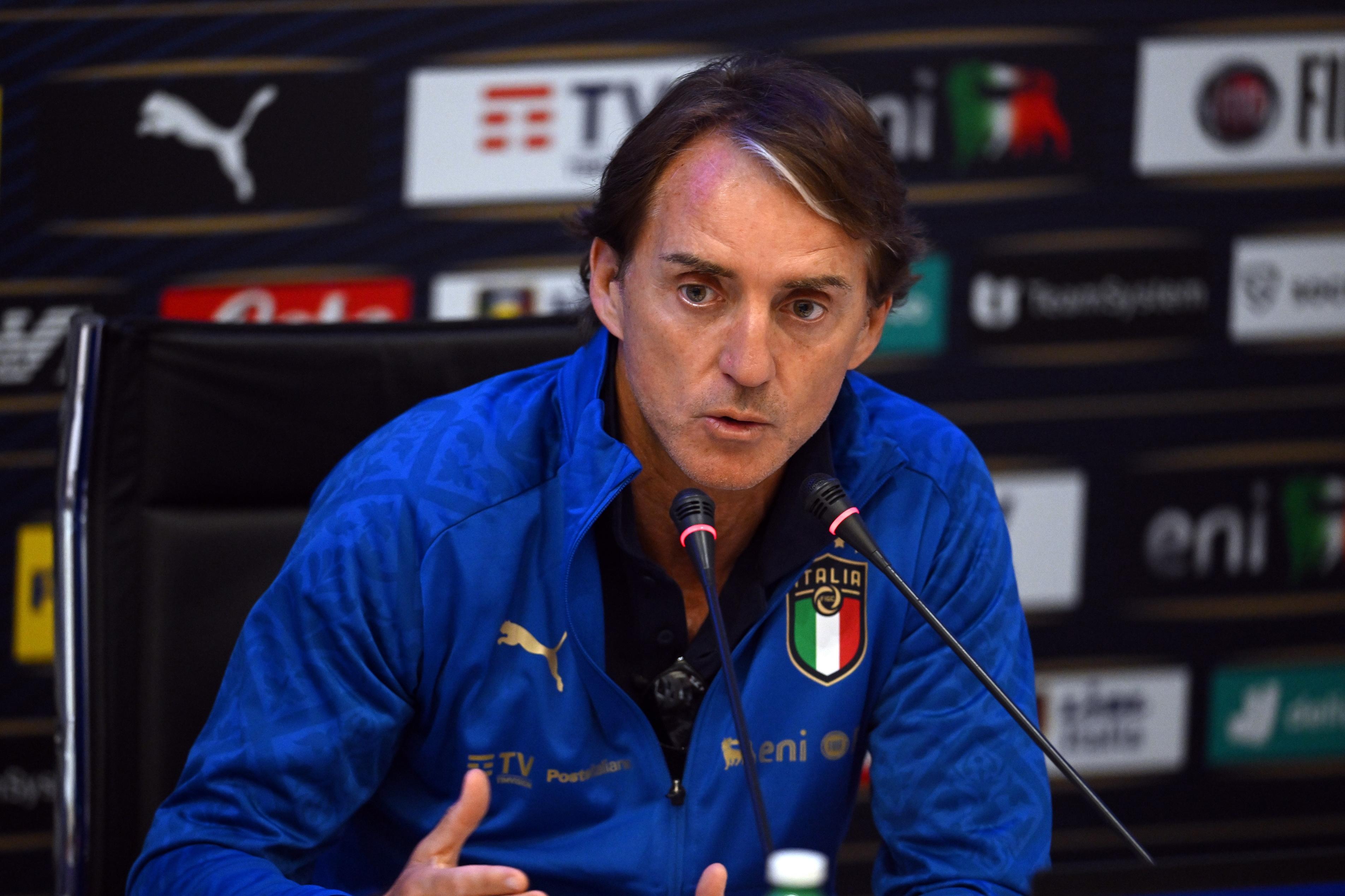 FLORENCE, ITALY - MAY 27: Head coach Italy Roberto Mancini speaks with the media during a press conference at Centro Tecnico Federale di Coverciano on May 27, 2022 in Florence, Italy. (Photo by Claudio Villa/Getty Images)