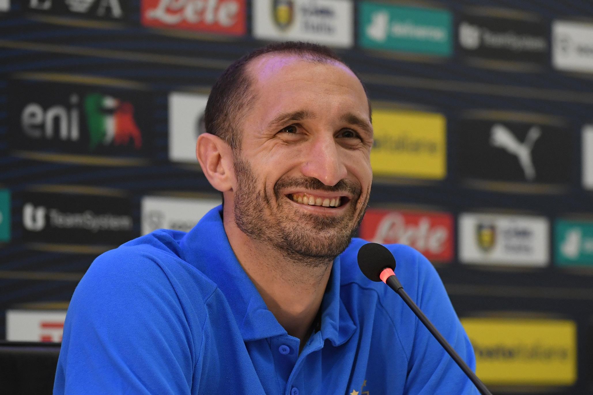 FLORENCE, ITALY - MAY 30: Giorgio Chiellini of Italy speaks with the media during a press conference at Centro Tecnico Federale di Coverciano on May 30, 2022 in Florence, Italy. (Photo by Claudio Villa/Getty Images)