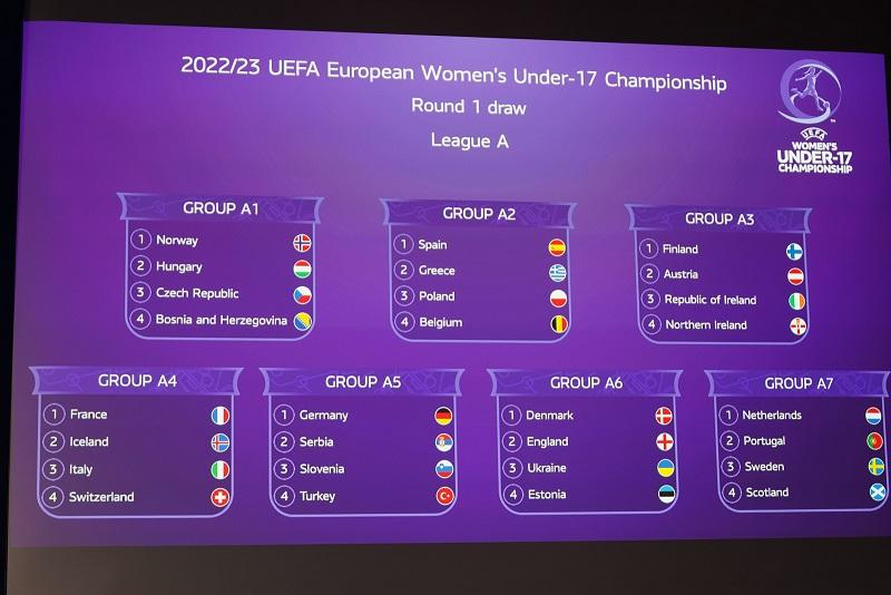 NYON, SWITZERLAND - MAY 31: The result of the UEFA European Women's Under-17 Championship Round 1 Draw at the UEFA Headquarters, The House of the European Football, on May 31, 2022, in Nyon, Switzerland. (Photo by Nemanja Basevic - UEFA/UEFA via Getty Images)