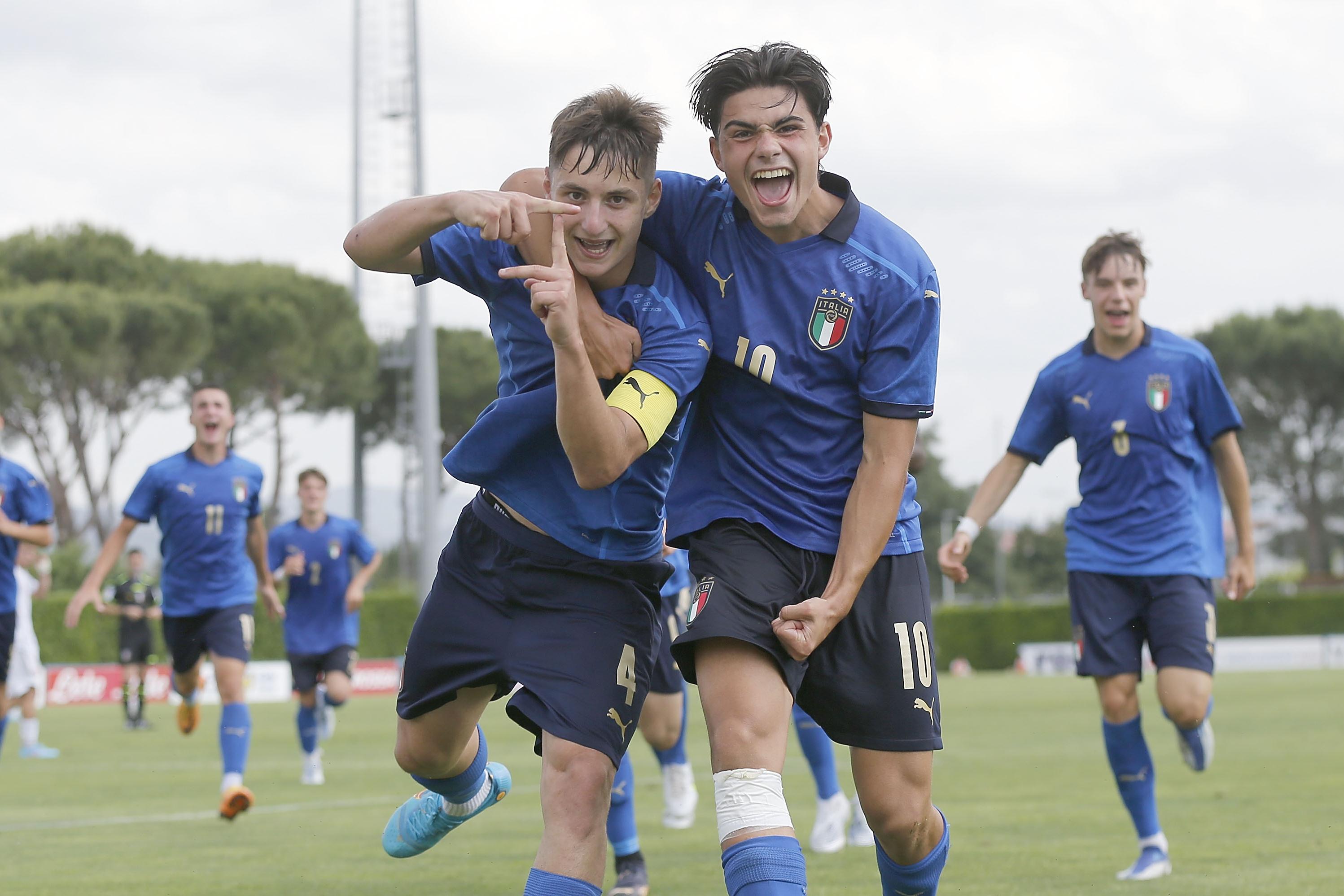 TIRRENIA, ITALY - MAY 31: Cosimo Fiorini of Italy U16 celebrates after scoring a goal during the International Friendly match between Italy U16 and Spain U16 on May 30, 2022 in Tirrenia, Italy.  (Photo by Gabriele Maltinti/Getty Images) *** Local Caption *** Cosimo Fiorini