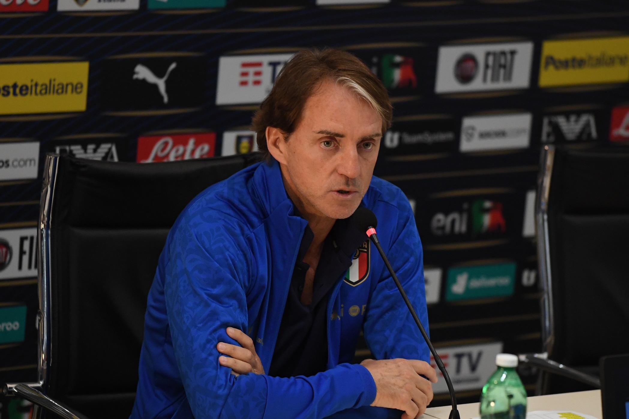 FLORENCE, ITALY - JUNE 03: Head coach Italy Roberto Mancini speaks with the media during press conference at Centro Tecnico Federale di Coverciano on June 03, 2022 in Florence, Italy. (Photo by Claudio Villa/Getty Images)