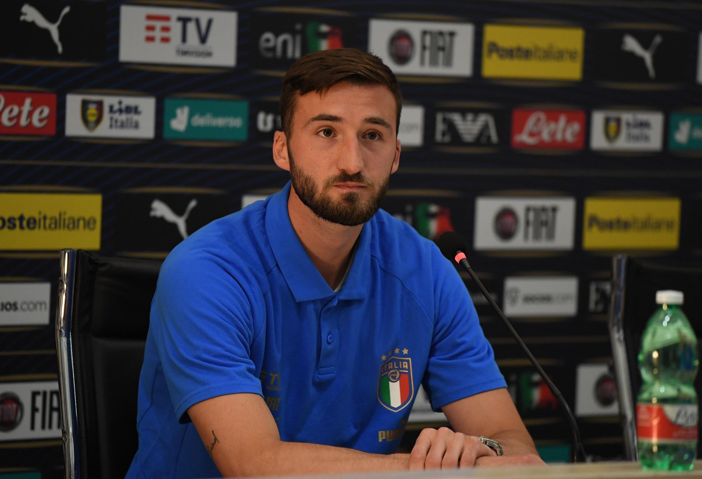 FLORENCE, ITALY - JUNE 03: Bryan Cristante of Italy speaks with the media during press conference at Centro Tecnico Federale di Coverciano on June 03, 2022 in Florence, Italy. (Photo by Claudio Villa/Getty Images)