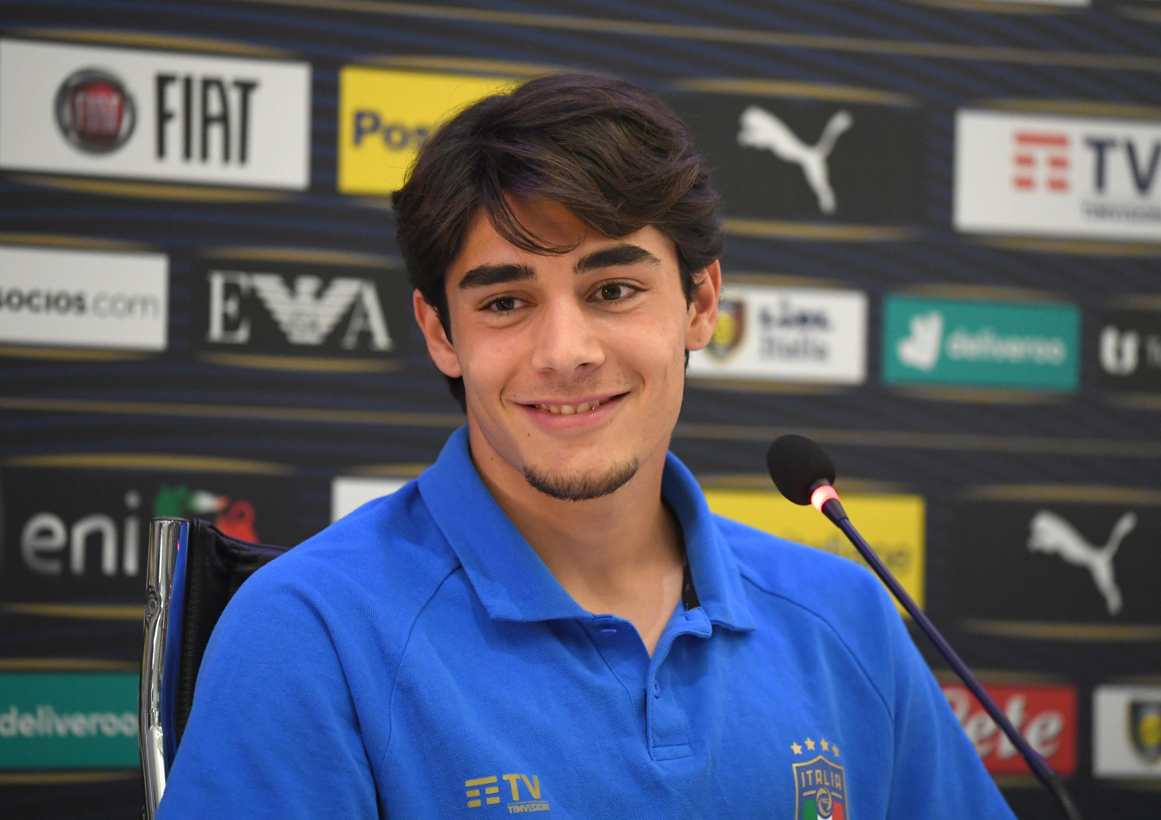 FLORENCE, ITALY - JUNE 09: Matteo Cancellieri of Italy speaks with the media during press conference at Centro Tecnico Federale di Coverciano on June 09, 2022 in Florence, Italy. (Photo by Claudio Villa/Getty Images)