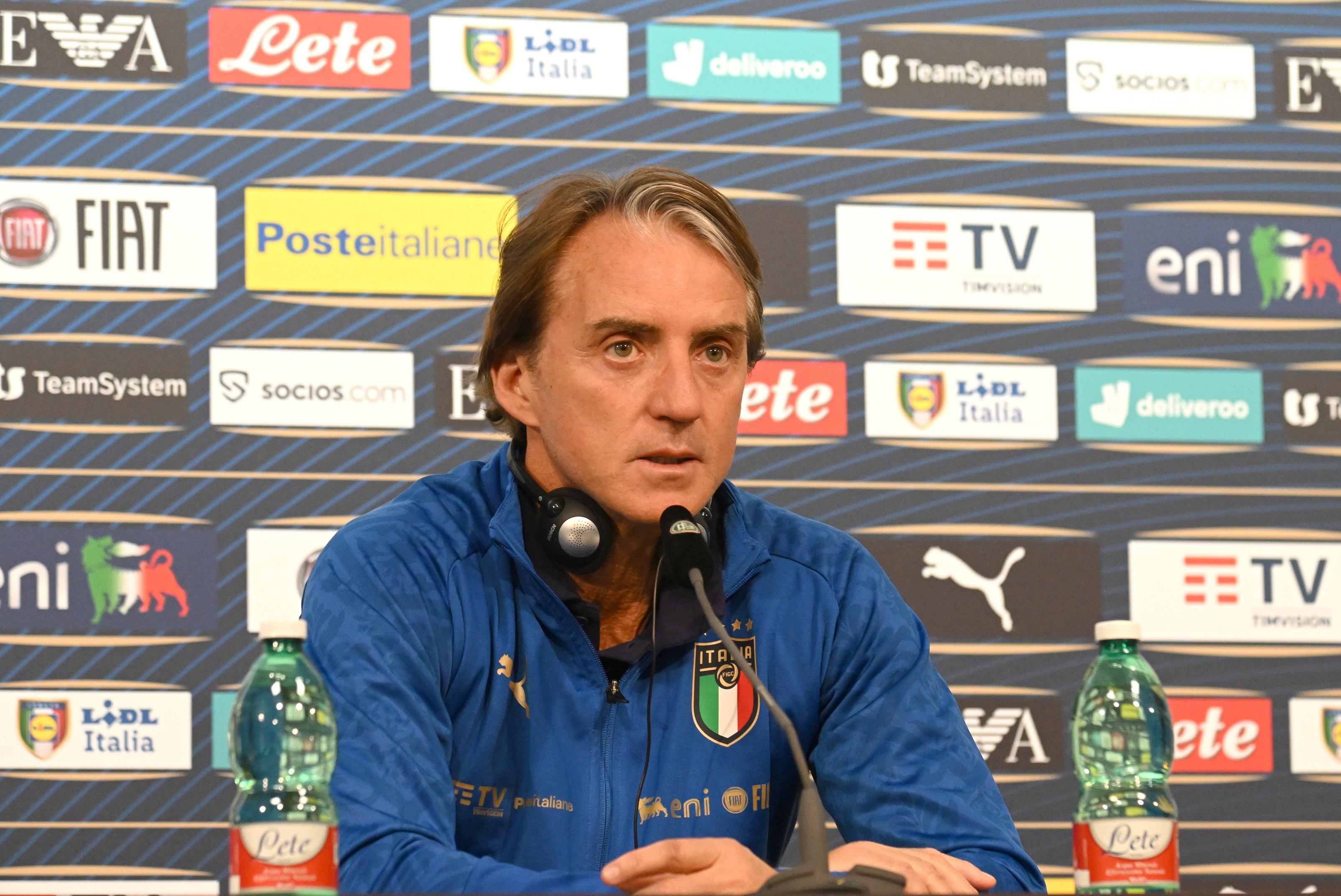 MOENCHENGLADBACH, GERMANY - JUNE 13: Head coach Italy Roberto Mancini speaks with the media during press conference at Borussia Park Stadium on June 13, 2022 in Moenchengladbach, Germany. (Photo by Claudio Villa/Getty Images)