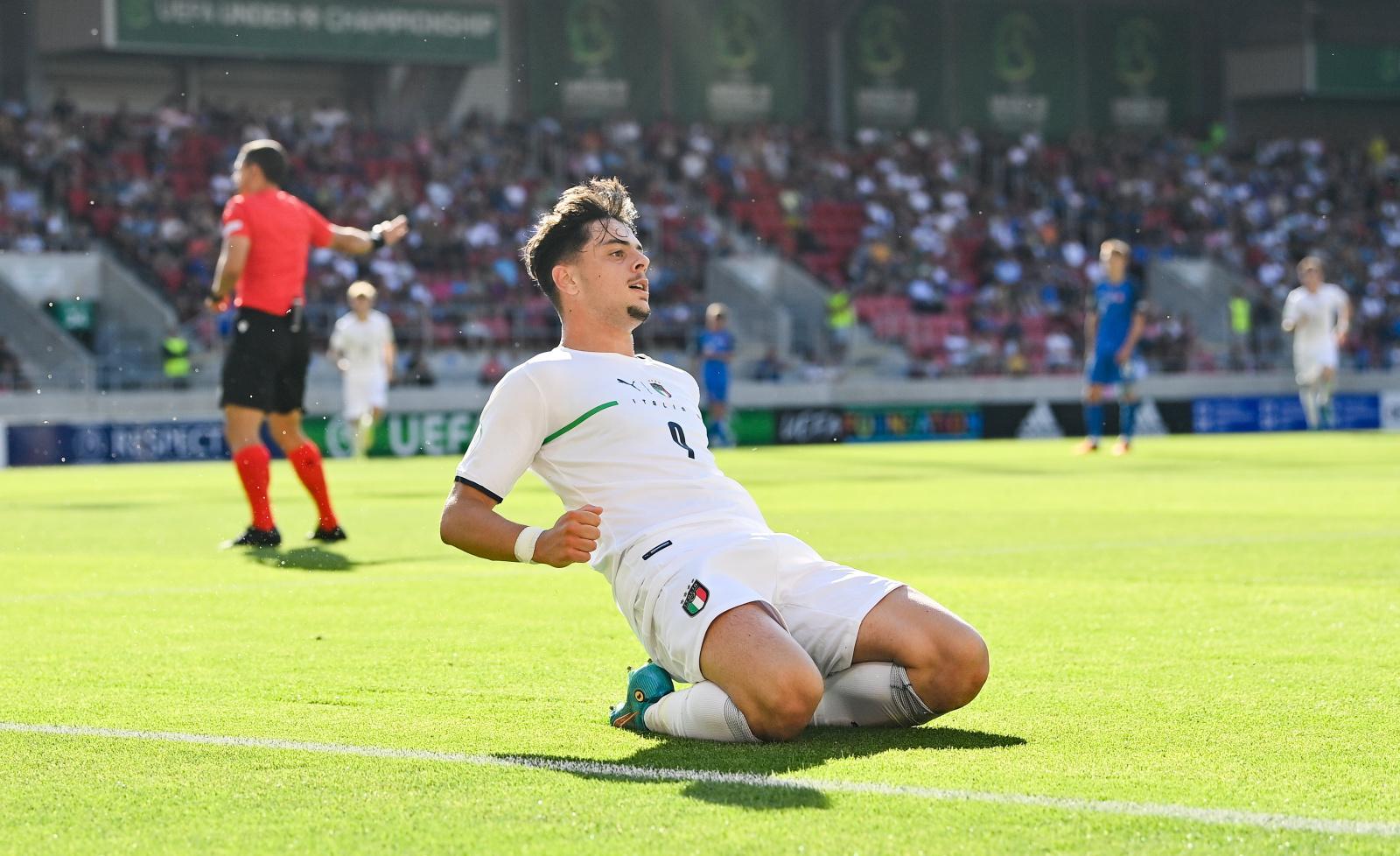 TRNAVA, SLOVAKIA - June 21: Giuseppe Ambrosino Di Bruttopilo of Italy celebrates after scoring his side's first goal during the UEFA European Under-19 Championship group A match between Slovakia and Italy on June 21, 2022 at the Trnava Stadium in Trnava, Slovakia. (Photo by Seb Daly - UEFA/UEFA via Sportsfile)