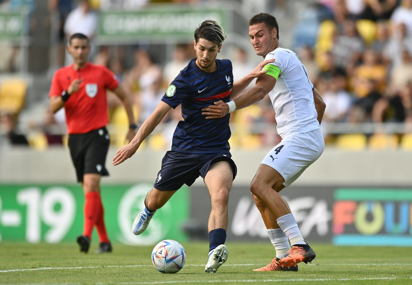 DUNAJSKÁ STREDA, SLOVAKIA - June 24: Florent Da Silva of France in action against Diego Coppola of Italy during the UEFA European Under-19 Championship group A match between France and Italy on June 24, 2022 at the DAC Arená in Dunajská Streda, Slovakia. (Photo by Seb Daly - UEFA/UEFA via Sportsfile)