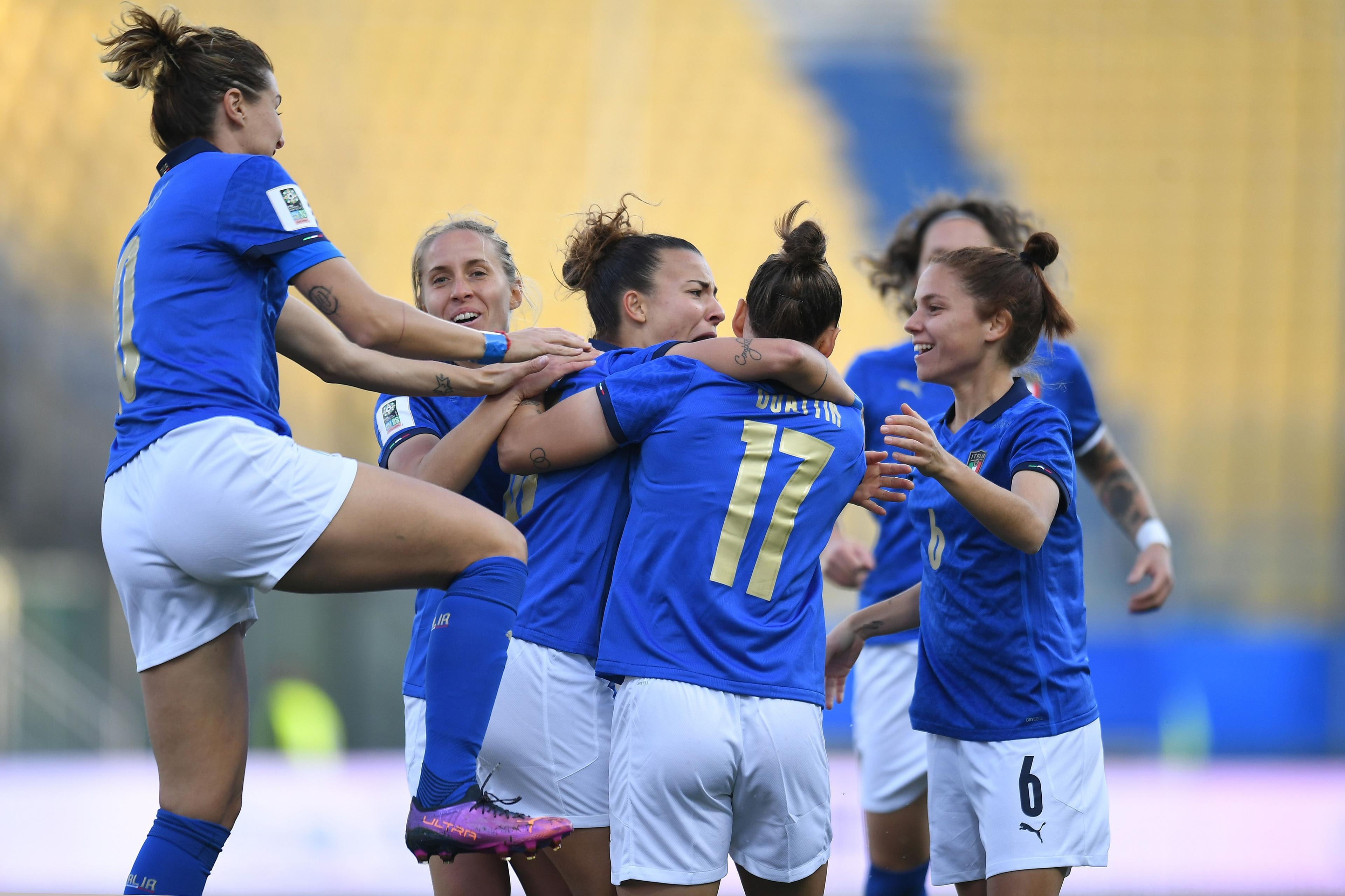 PARMA, ITALY - APRIL 08:  Arianna Caruso of Italy Women  celebrates after scoring the opening goal\\nduring the FIFA Women\\'s World Cup 2023 Qualifier group G match between Italy and Lithuania at Stadio Ennio Tardini on April 08, 2022 in Parma, Italy. (Photo by Alessandro Sabattini/Getty Images)