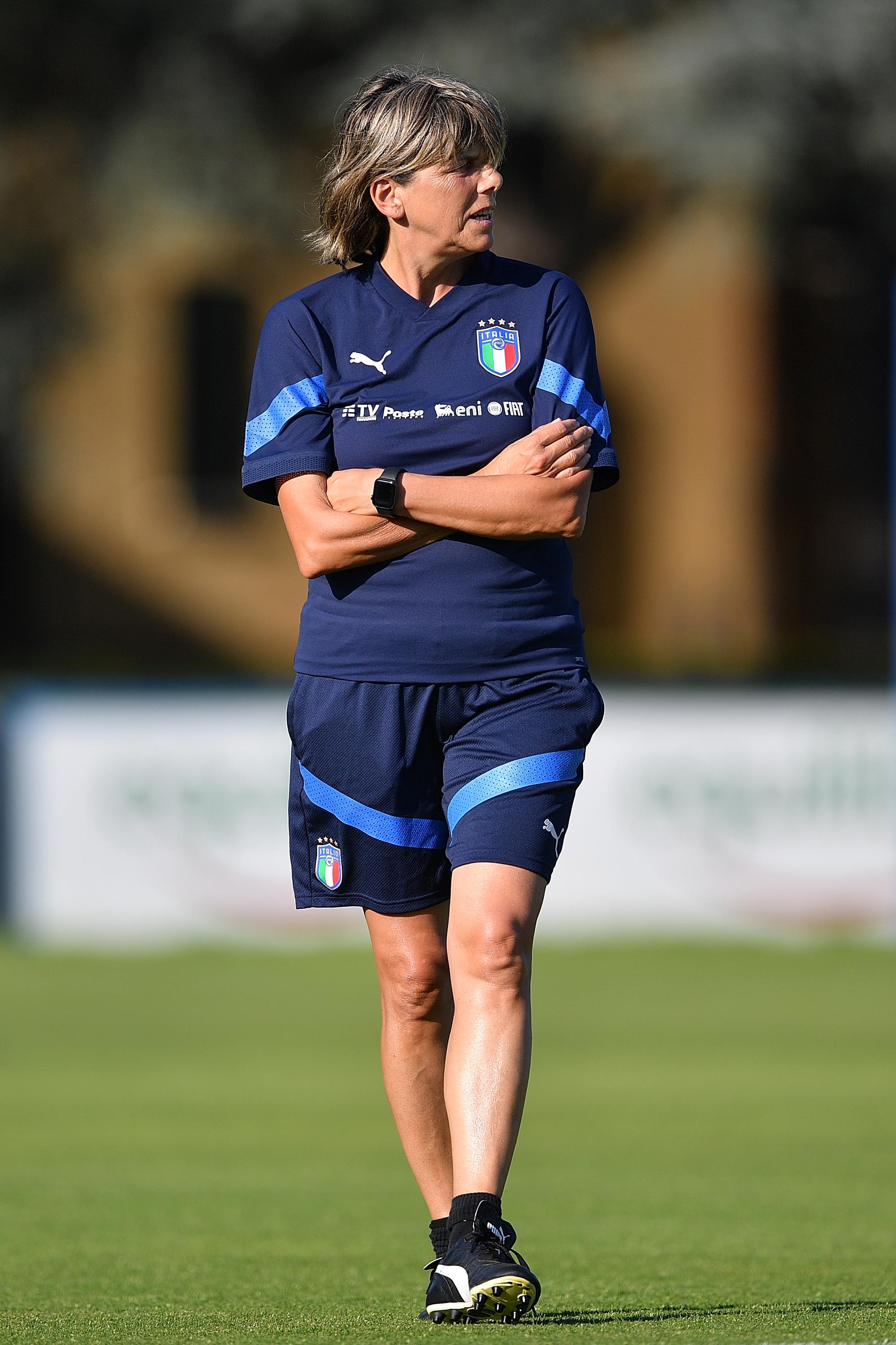 FLORENCE, ITALY - JUNE 13: Italy Women head coach Milena Bertolini during a training session at Centro Tecnico Federale di Coverciano on June 13, 2022 in Florence, Italy. (Photo by Valerio Pennicino/Getty Images) *** Local Caption *** Milena Bertolini