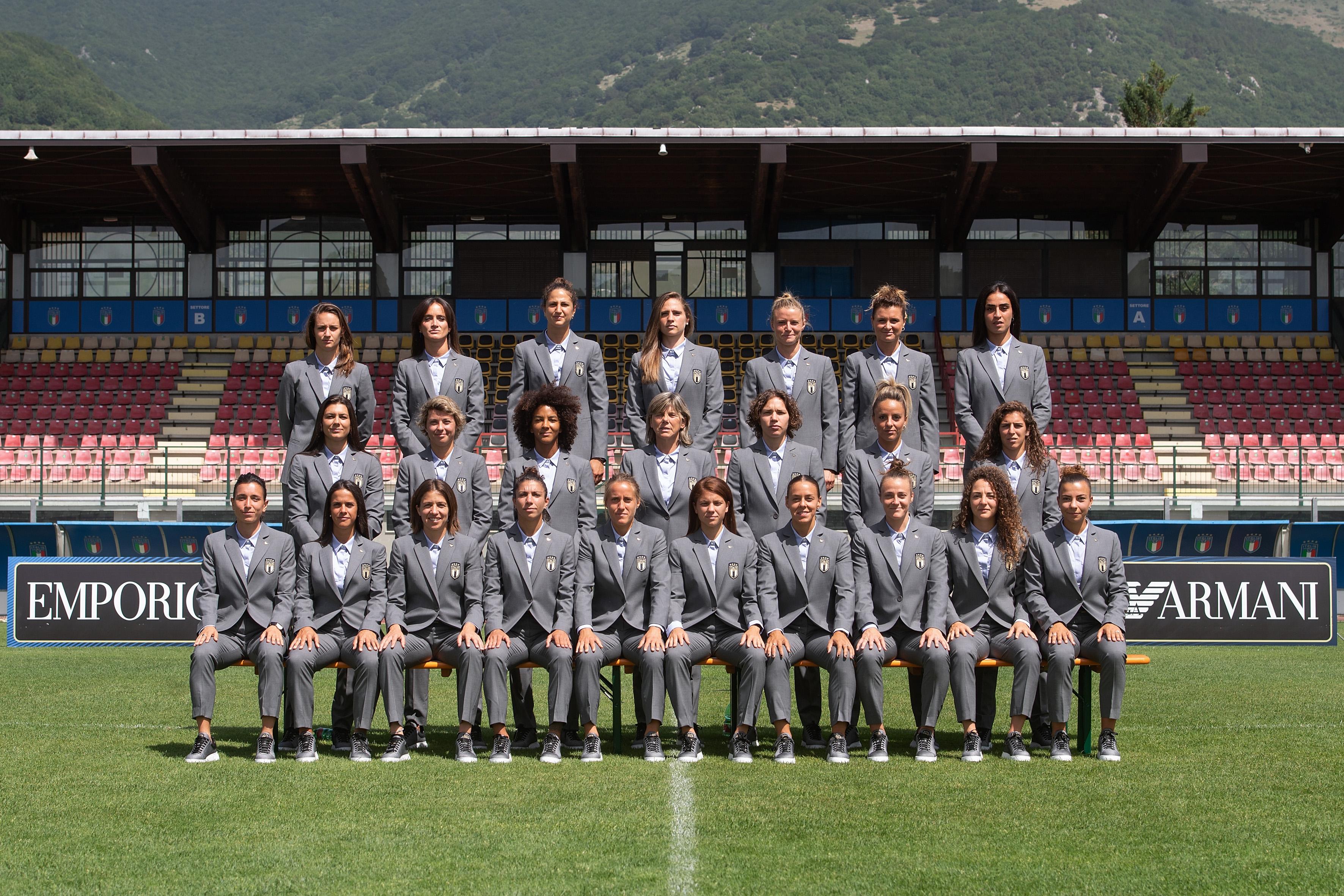 CASTEL DI SANGRO, ITALY - JUNE 27: Italy Women Team pose for a team photograph at Teofilo Patini stadium on June 27, 2022 in Castel di Sangro, Italy. (Photo by Tullio M. Puglia/Getty Images)