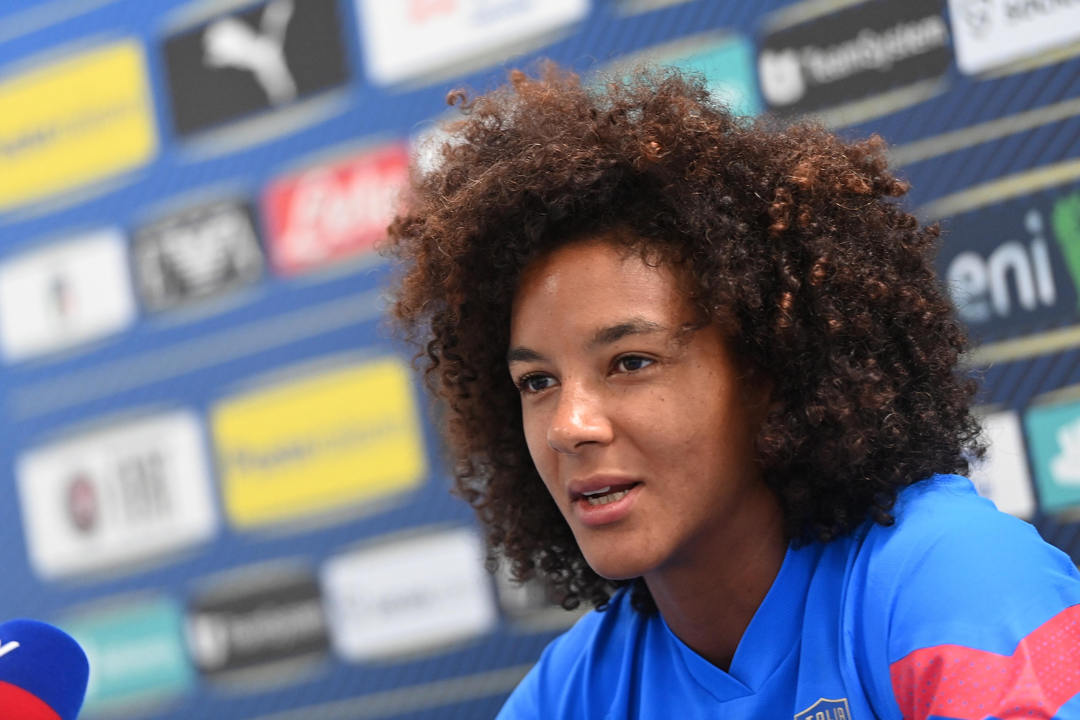 CASTEL DI SANGRO, ITALY - JUNE 30: Sara Gama of Italy Women answers questions during a press conference at Teofilo Patini Stadium on June 30, 2022 in Castel di Sangro, Italy. (Photo by Tullio M. Puglia/Getty Images)