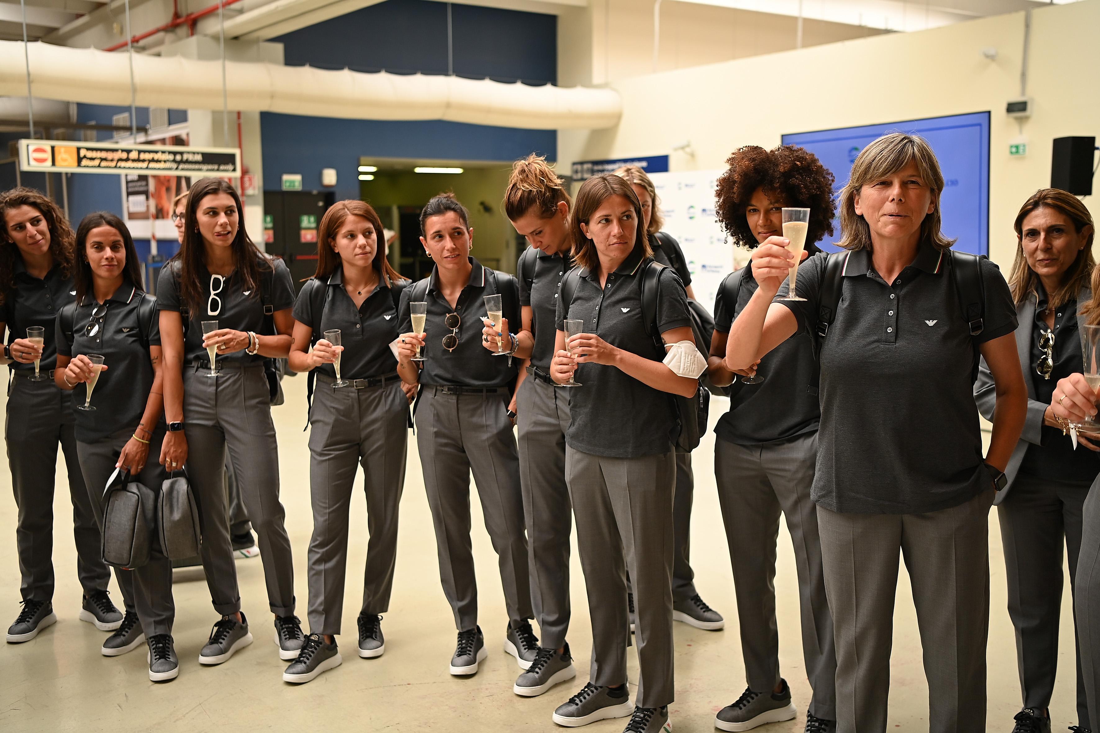 ROME, ITALY - JULY 04: Head coach Milena Bertolini and Italy Women team take toats before travel to Manchester for EURO Women from Fiumicino Airport on July 04, 2022 in Rome, Italy. (Photo by Tullio M. Puglia/Getty Images)