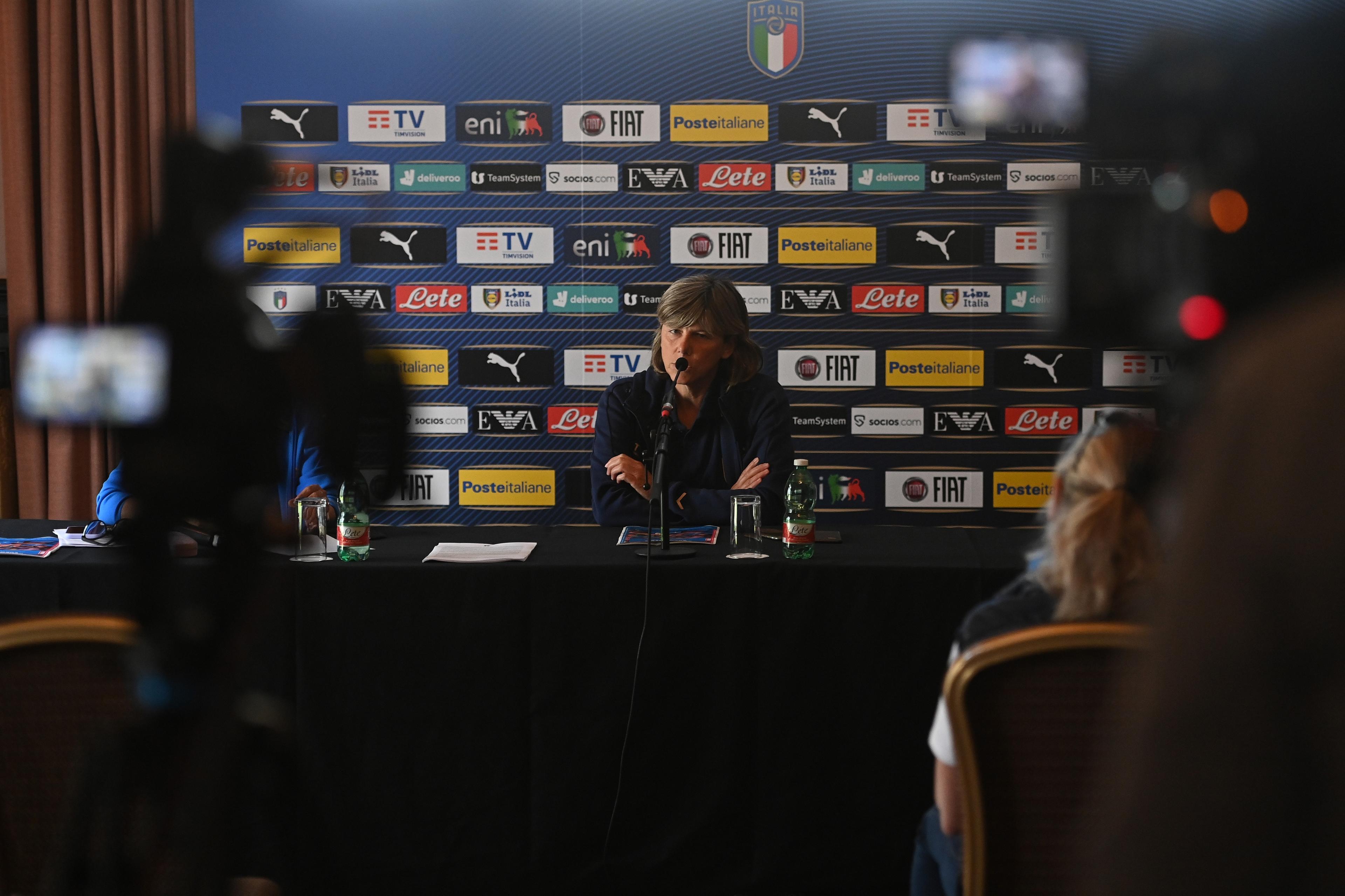 ACCRINGTON, ENGLAND - JULY 07: Italy Women Head Coach Milena Bertolini answers questions during a press conference at Italy Women Team Base Camp on July 07, 2022 in Accrington, England. (Photo by Tullio M. Puglia/Getty Images)
