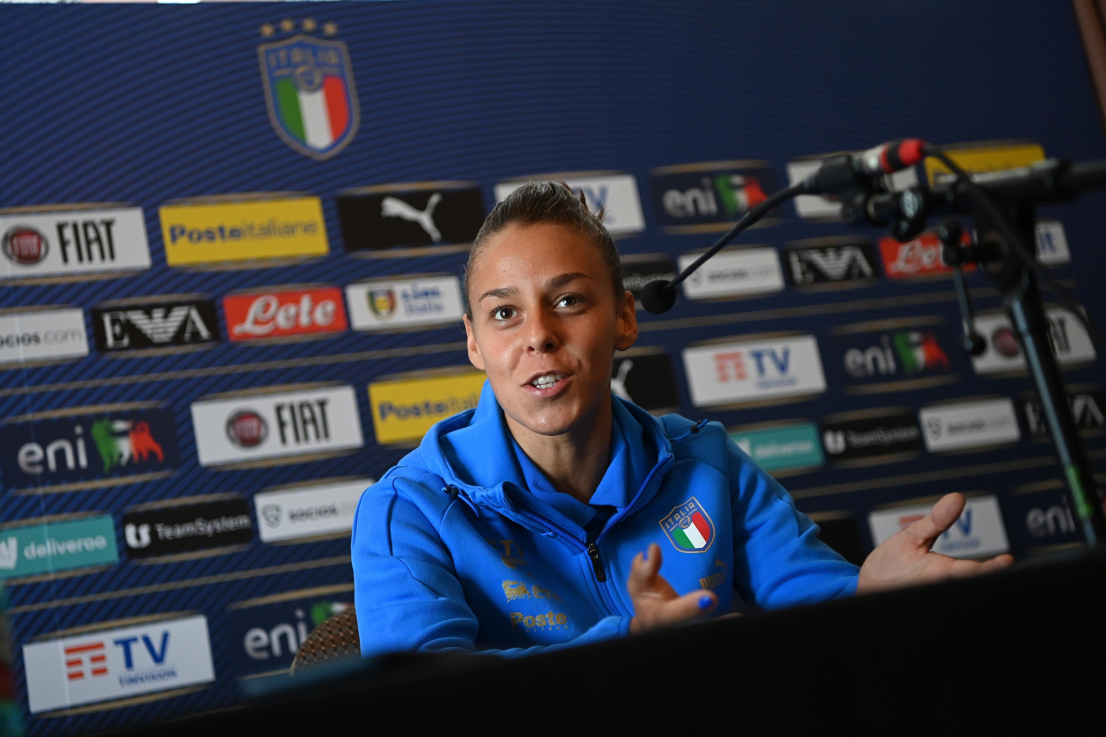 ACCRINGTON, ENGLAND - JULY 07: Lisa Boattin of Italy Women attends a press conference at Italy Women Team Base Camp on July 07, 2022 in Accrington, England. (Photo by Tullio M. Puglia/Getty Images)