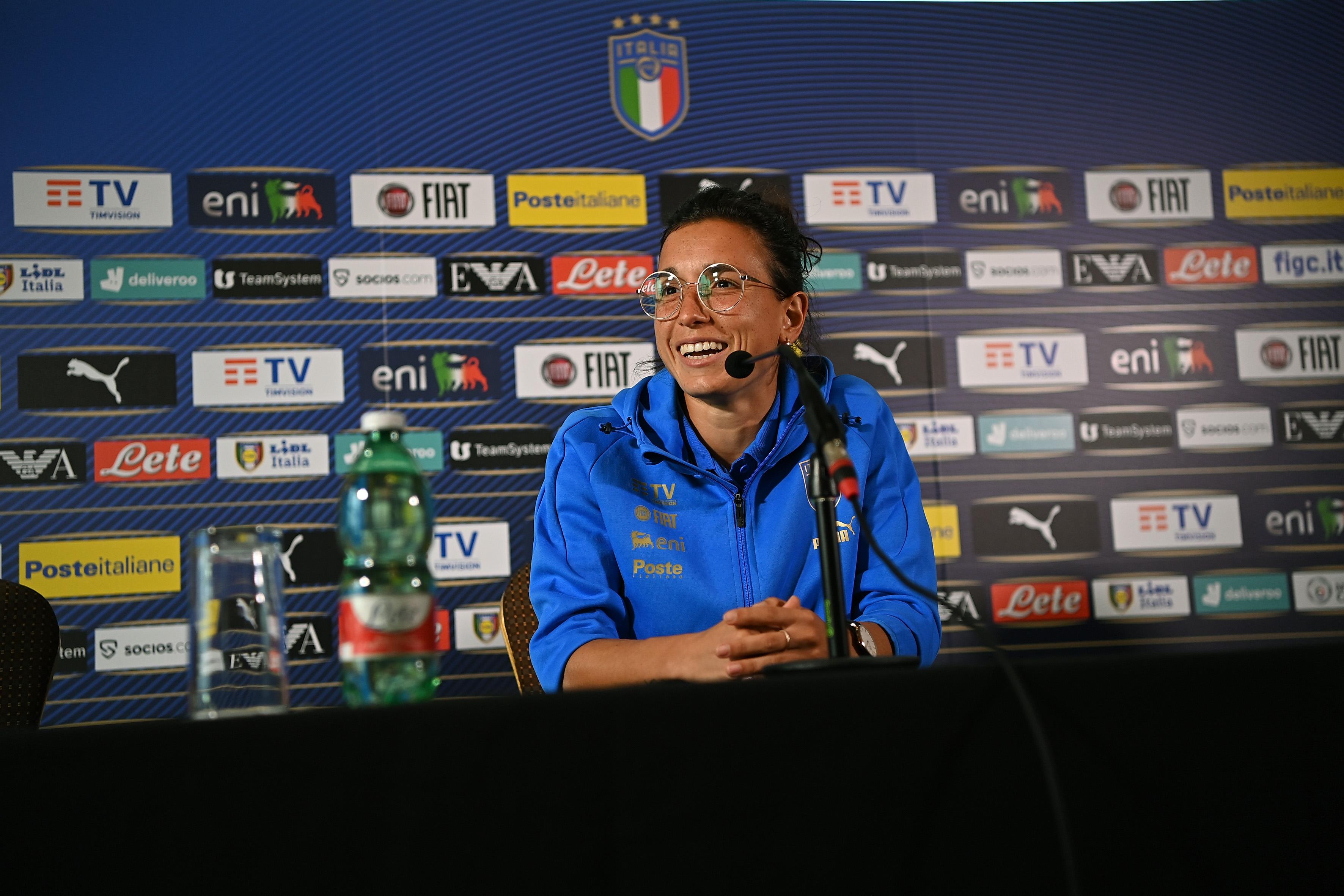 ACCRINGTON, ENGLAND - JULY 08: Lucia Di Guglielmo of Italy Women attends a press conference at Italy Women Team Base Camp on July 08, 2022 in Accrington, England. (Photo by Tullio M. Puglia/Getty Images)