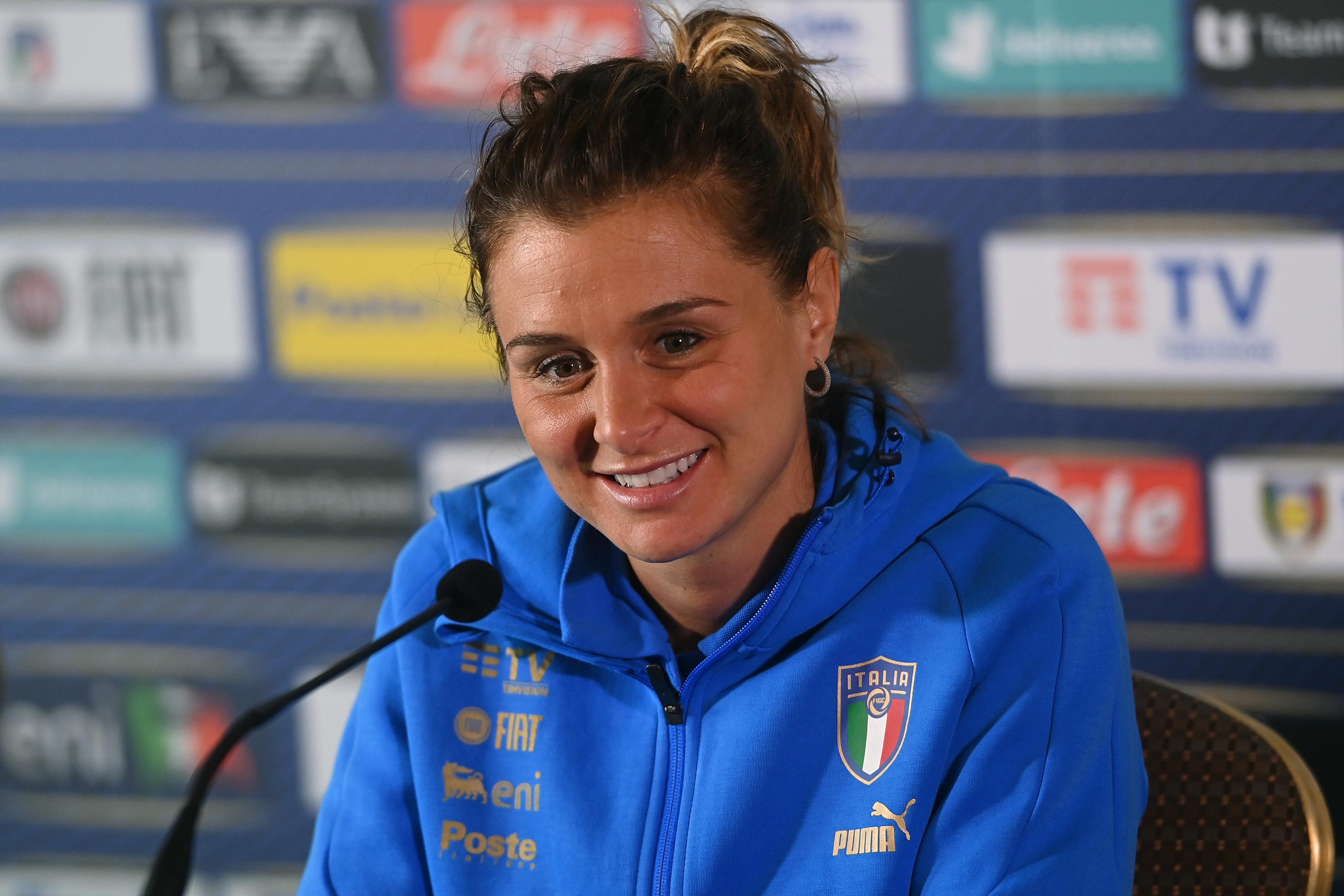 ACCRINGTON, ENGLAND - JULY 08: Cristiana Girelli of Italy Women attends a press conference at Italy Women Team Base Camp on July 08, 2022 in Accrington, England. (Photo by Tullio M. Puglia/Getty Images)