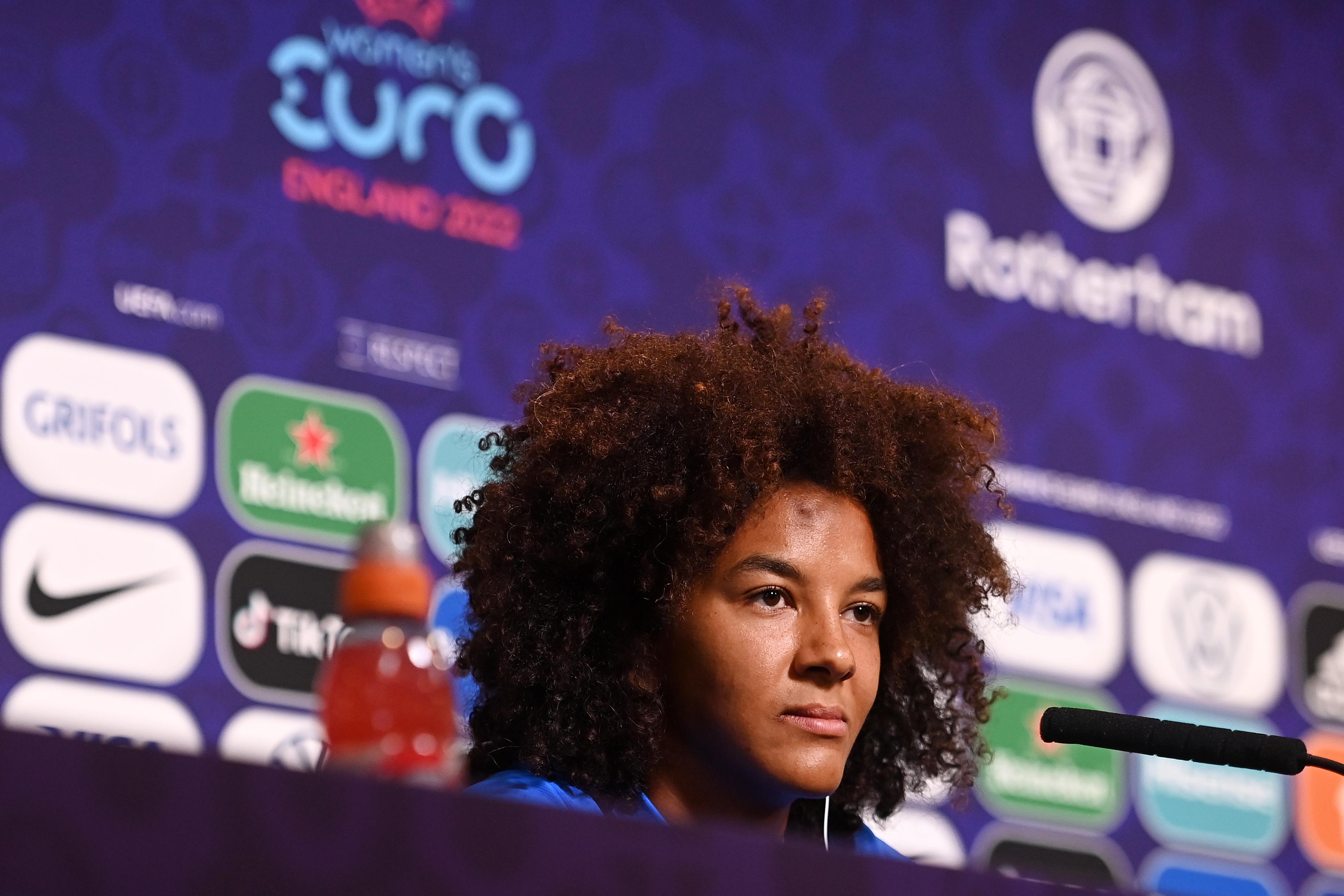 ROTHERHAM, ENGLAND - JULY 09: Sara Gama of Italy speaks to the media during the UEFA Women's Euro 2022 Italy Press Conference at The New York Stadium on July 09, 2022 in Rotherham, England. (Photo by Tullio M. Puglia/Getty Images)