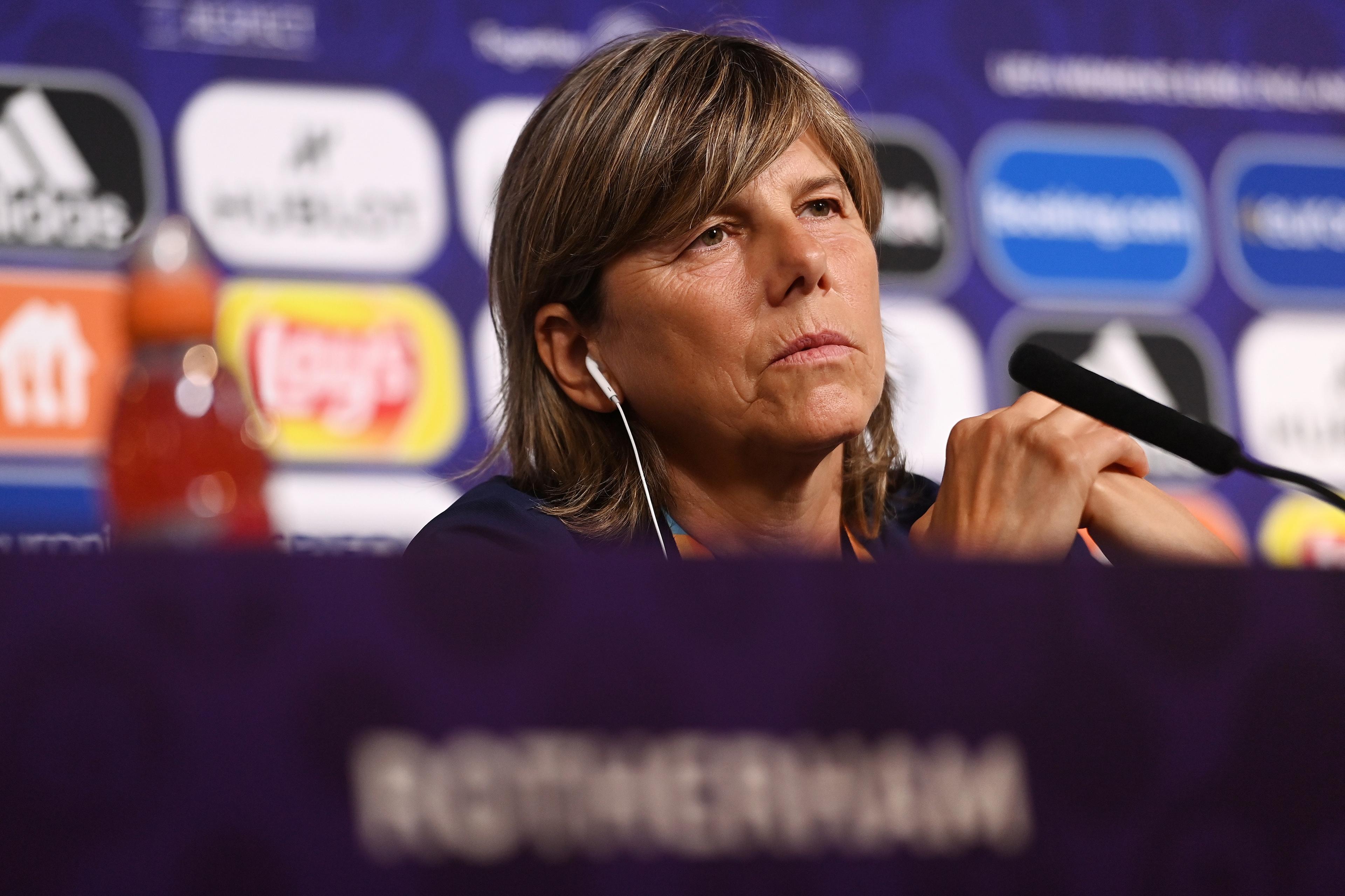ROTHERHAM, ENGLAND - JULY 09: Milena Bertolini, Head Coach of Italy speaks to the media during the UEFA Women's Euro 2022 Italy Press Conference at The New York Stadium on July 09, 2022 in Rotherham, England. (Photo by Tullio M. Puglia/Getty Images)